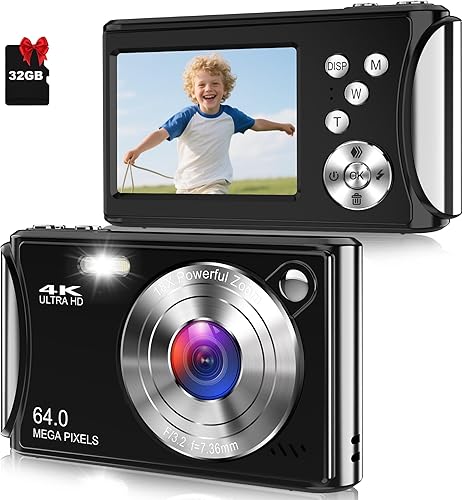 Cámara digital, cámara 4K de enfoque automático para vlogging para fotografía, cámara digital compacta de 64 MP para apuntar y disparar con tarjeta