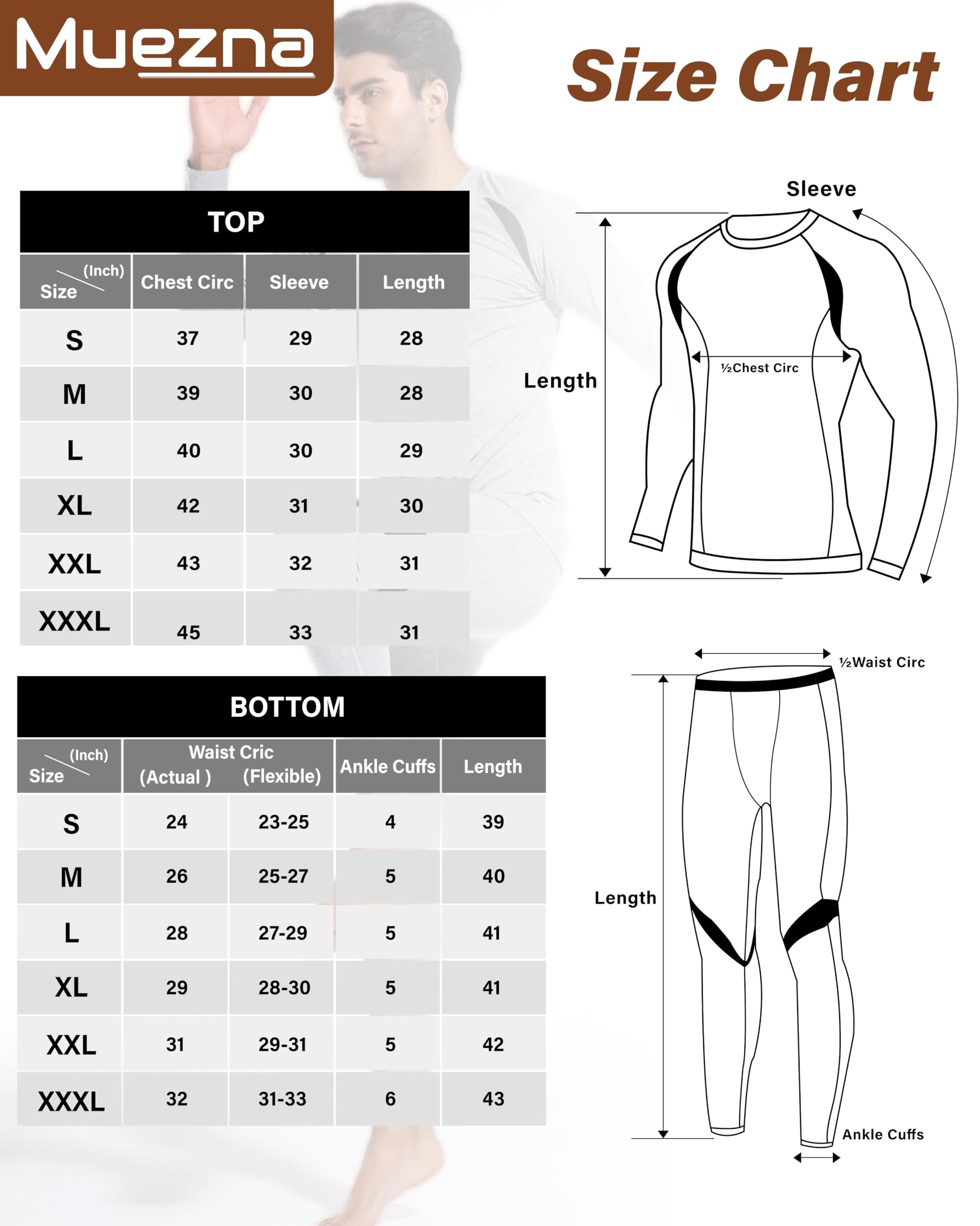 Muezna Herren Muezna Soft Fleece Lined Thermal Underwear Set Unterwsche (2er Pack)