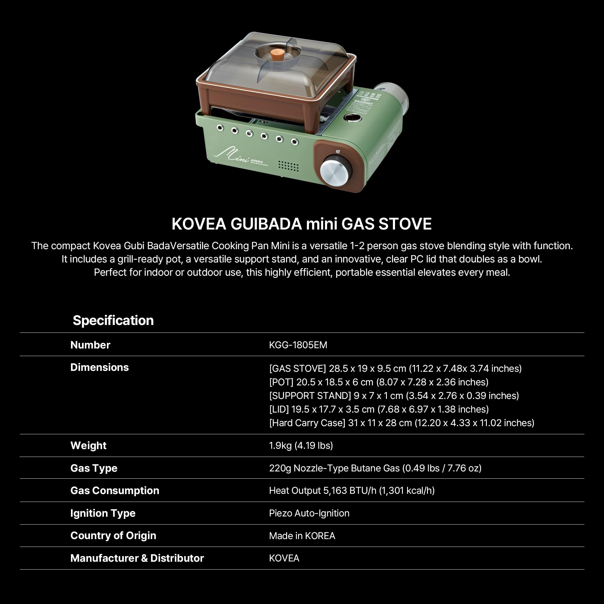 Kovea Guibada Mini przenośna kuchenka gazowa KGG-1805EM, wielofunkcyjne naczynia kempingowe z patelnią grillową, podparciem garnka i wszechstronną pokrywką do serwowania, idealna do gotowania wewnątrz