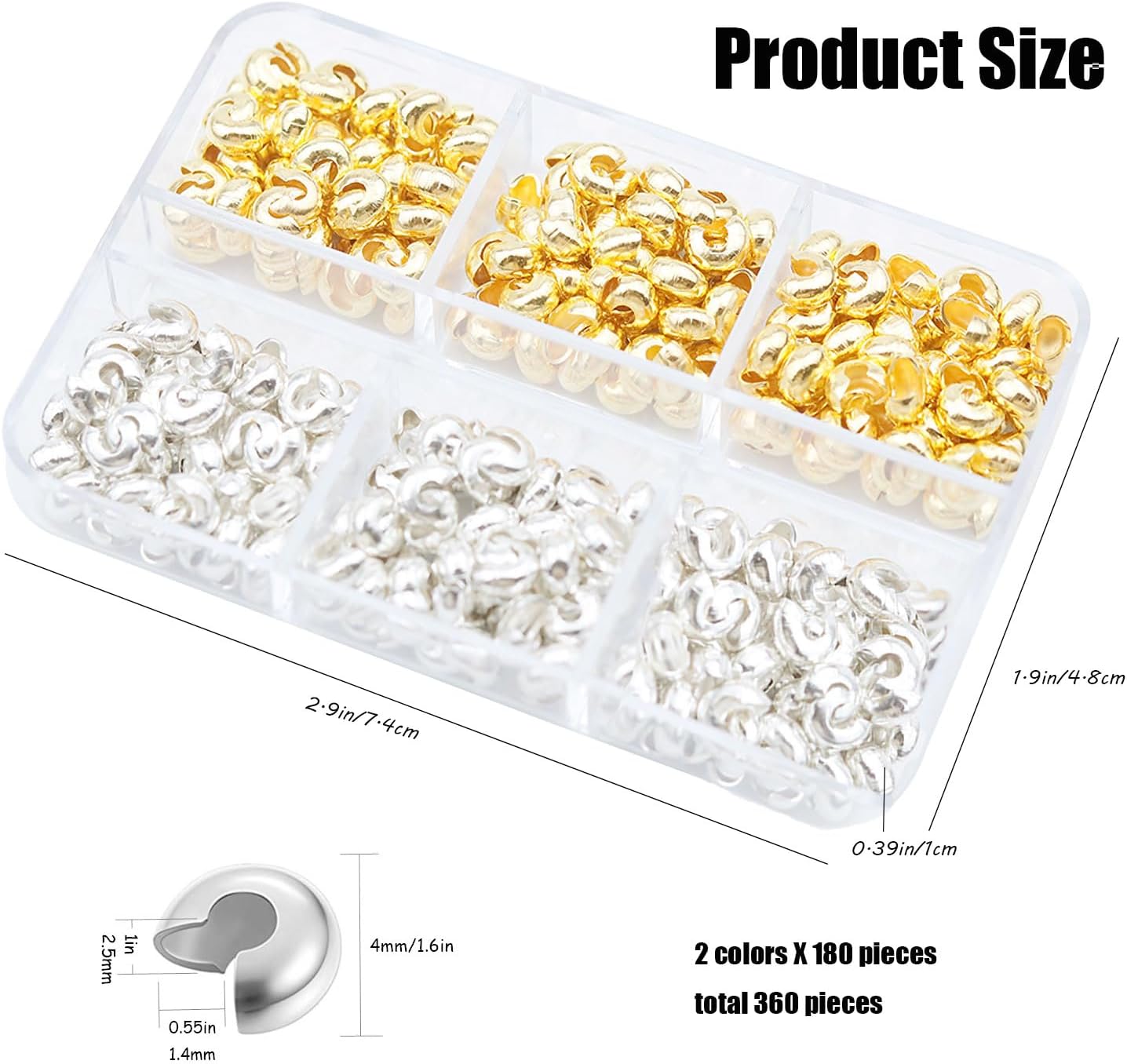 360 Pieces Crimp Bead Covers 4mm Bead Stopper Open Half Round Crimp Bead Knot Cover Small Bead Caps for Jewelry Craft Making DIY Bracelet Earring Necklace (Gold & Silver) - Image 2