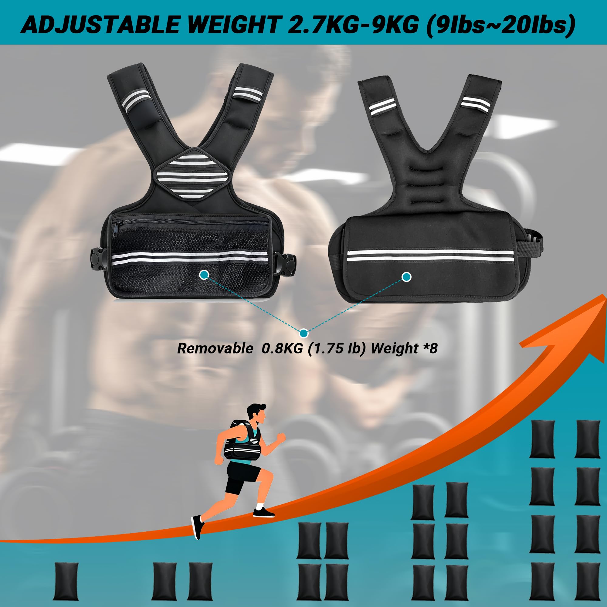 JX Fitness Gilet ponderato per allenamento della forza, regolabile da 2,7 a 9 kg, per uomini e donne, comoda tasca, gilet ponderato con sabbia di ferro, ideale per palestra, allenamento yoga ed