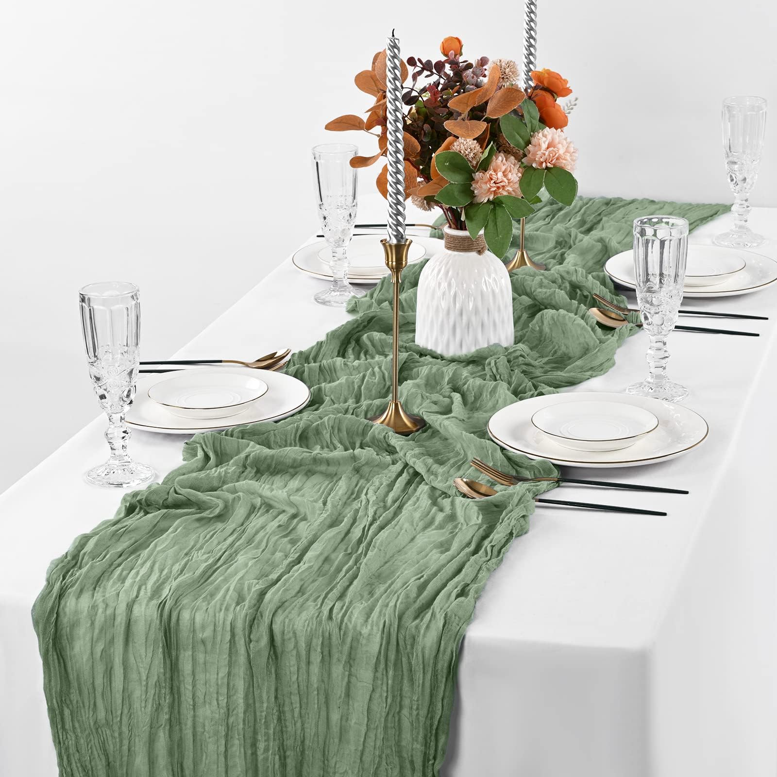 Pesonlook Seihtuch-Tischläufer, rustikaler Gaze-Stoff, Boho-Tischläufer für Hochzeit, Babyparty, Geburtstag, Brautparty, Party, Dekoration, Tischdekoration, Salbeigrün, 12 Stück
