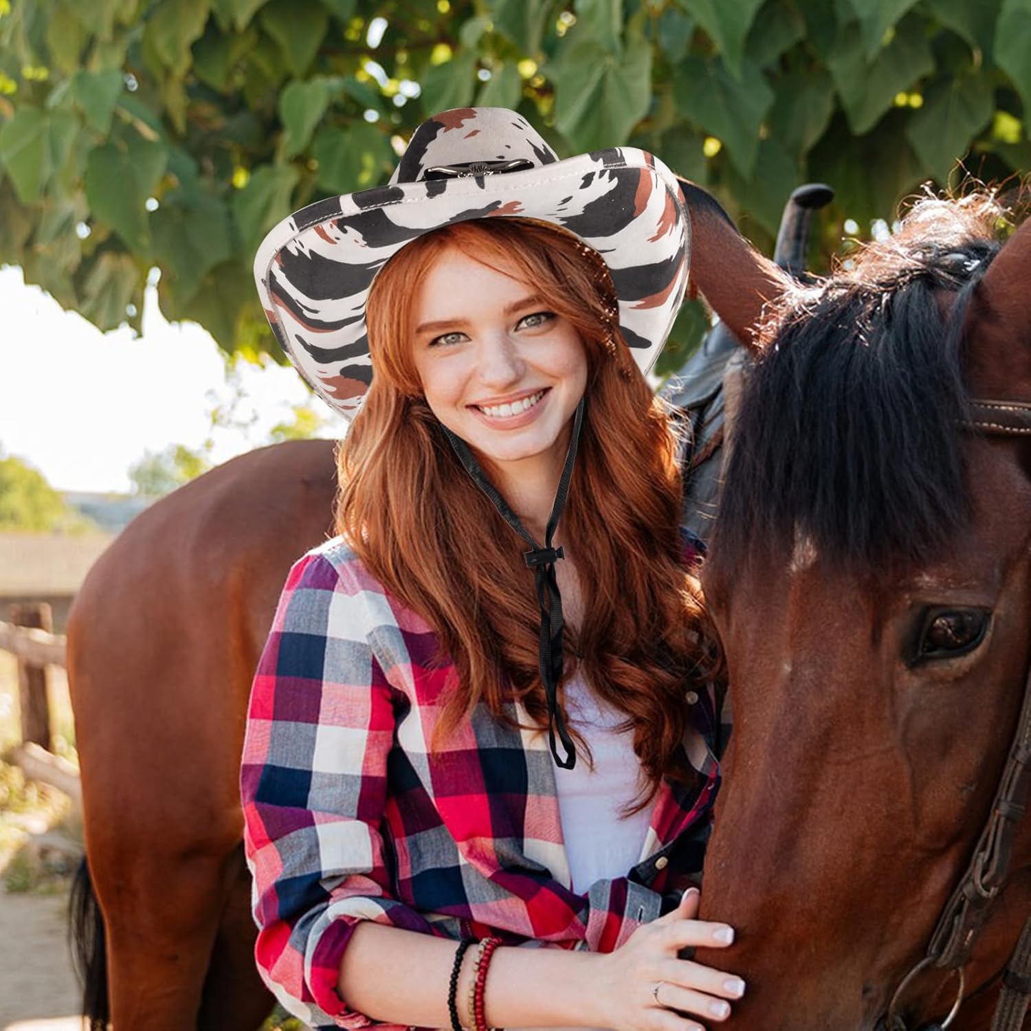 QZUnique Cow Print Cowboy Hat - Women Men Cowgirl Hat with Detachable Decorative Strip, Girl Boy Black White Brown Hat, Party Outfits - Image 6