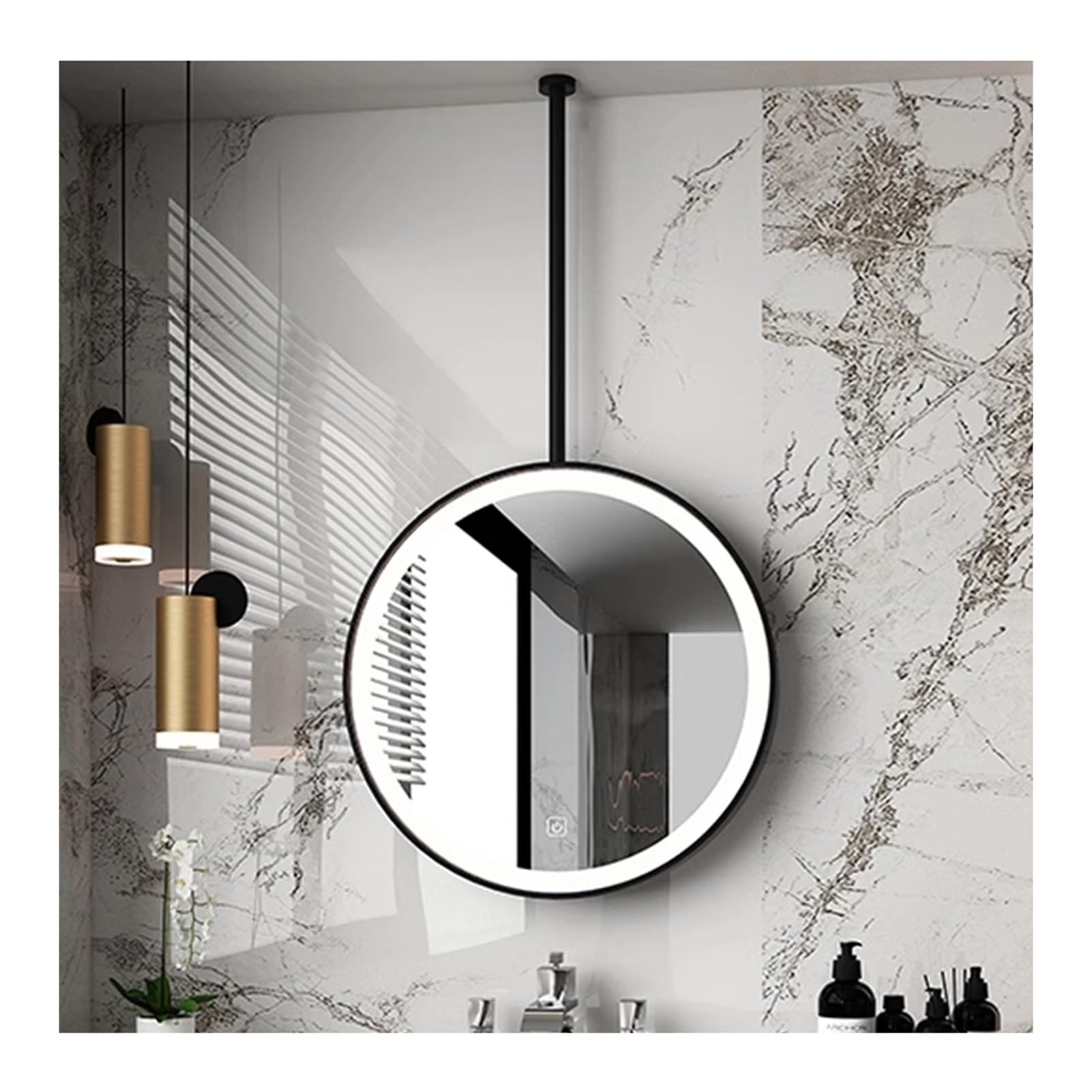 BKSXSOP Rod Round Bathroom Mirror Ceiling Hanging Lighting LED With Metal Frame(Black,60x60cm)