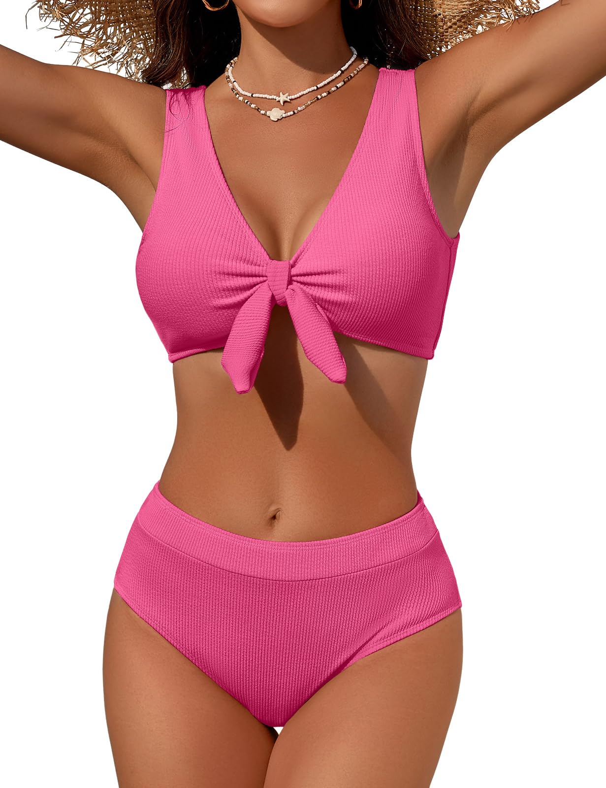 Svanco Damen Bikini Set Bauchweg High Waist Zweiteiler Bademode mit Knoten Detail Texturiert Curvy Bikinis Push up Badebekleidung