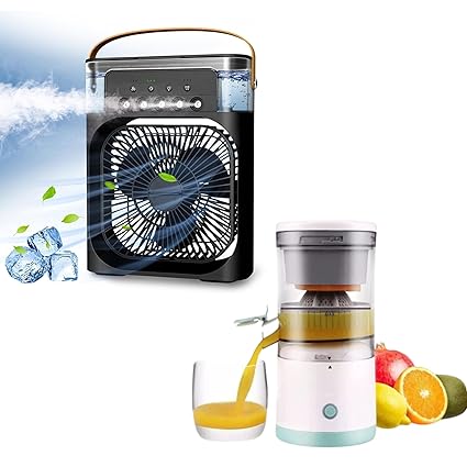 Techking Combo C638 - Black Mini Air Cooler, USB Desk Fan Cooler with 7 Colors LED Light & Automatic Citrus Fruit Juicer Electrical Orange Juicer Squeezer Electric Rechargeable USB Best Juicer