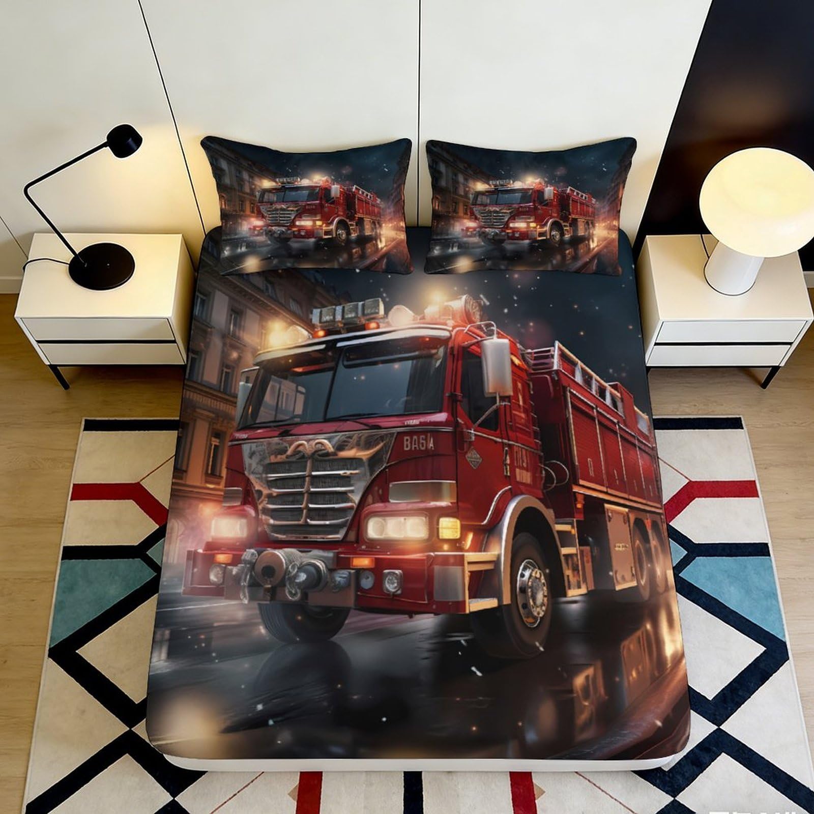 3D Printed Fire Truck Fitted Sheet Microfiber Red City Night Mattress Cover Anti-Slip for Bedroom Dorm Bed Decor 118 160x200x25cm