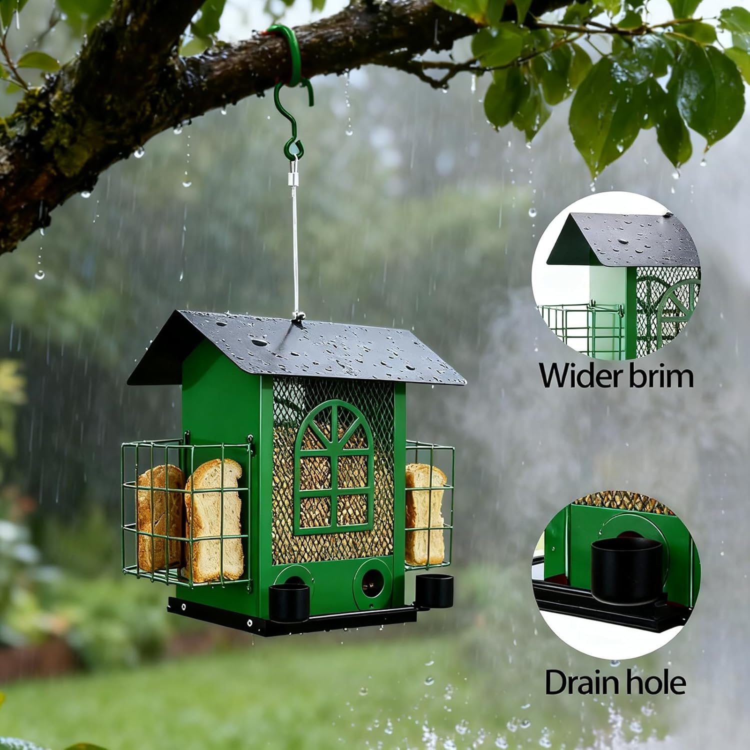 Outdoor Metal Hanging Bird Feeder Large Capacity Premium Wild Bird Feeder (Includes Bread Tray) Metal Mesh Design Multi-Compartment Food Storage Green (Green)