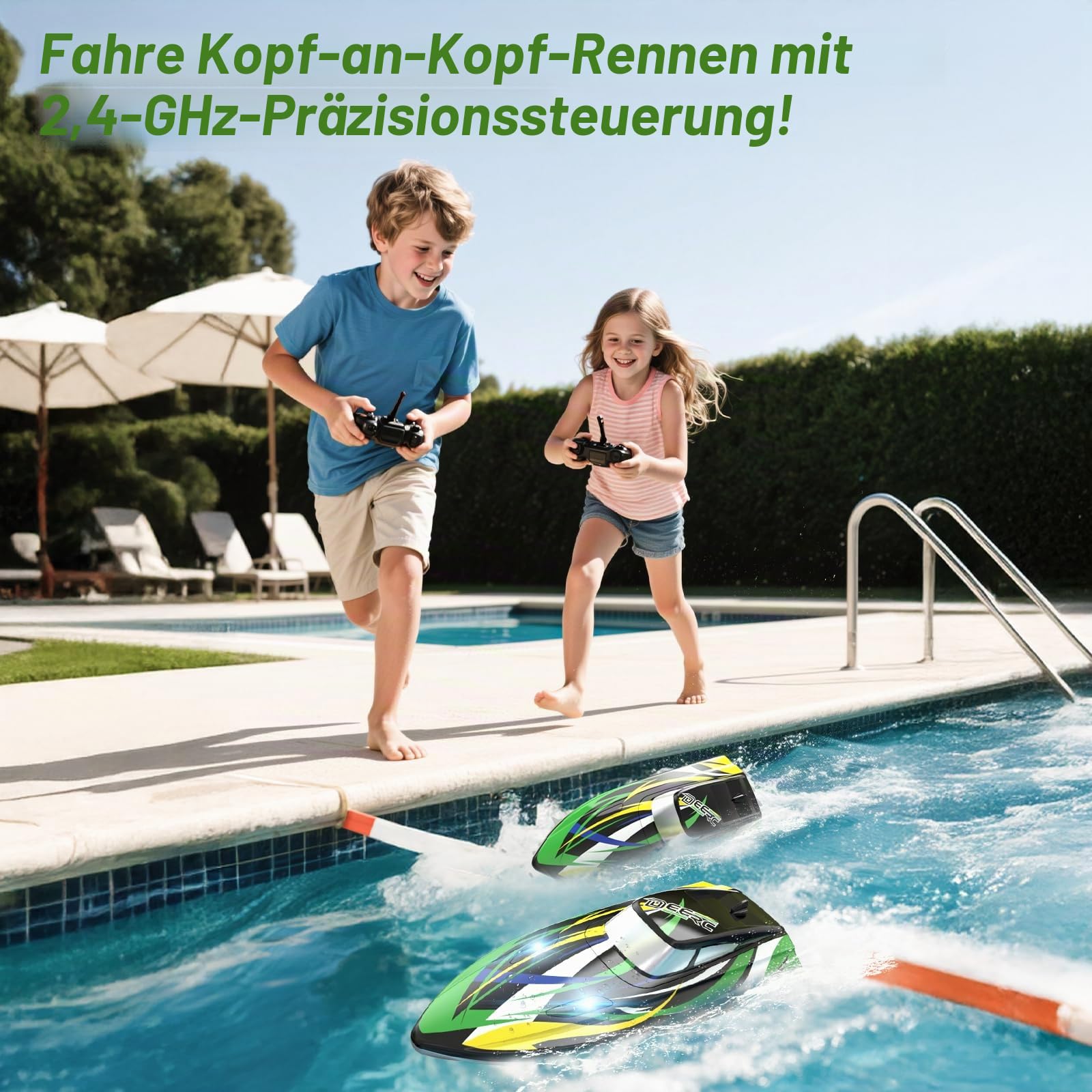 DEERC Ferngesteuertes Boot, hohe Geschwindigkeit mit LED-Lichtern, RC-Boot, schnelles Rennboot, selbstrichtend, 2 Batterien für mehr als 24 Minuten Akkulaufzeit, Fernbedienung 2,4 GHz, Spielzeug für