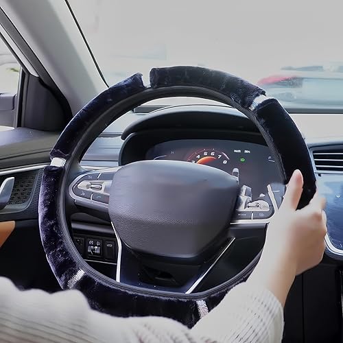 Miniatura 2 de funda para volante mullida y peluda para mujer y niña, de colores, con brillantes, suave terciopelo cálido, universal, de 15pulgadas, para vehículos