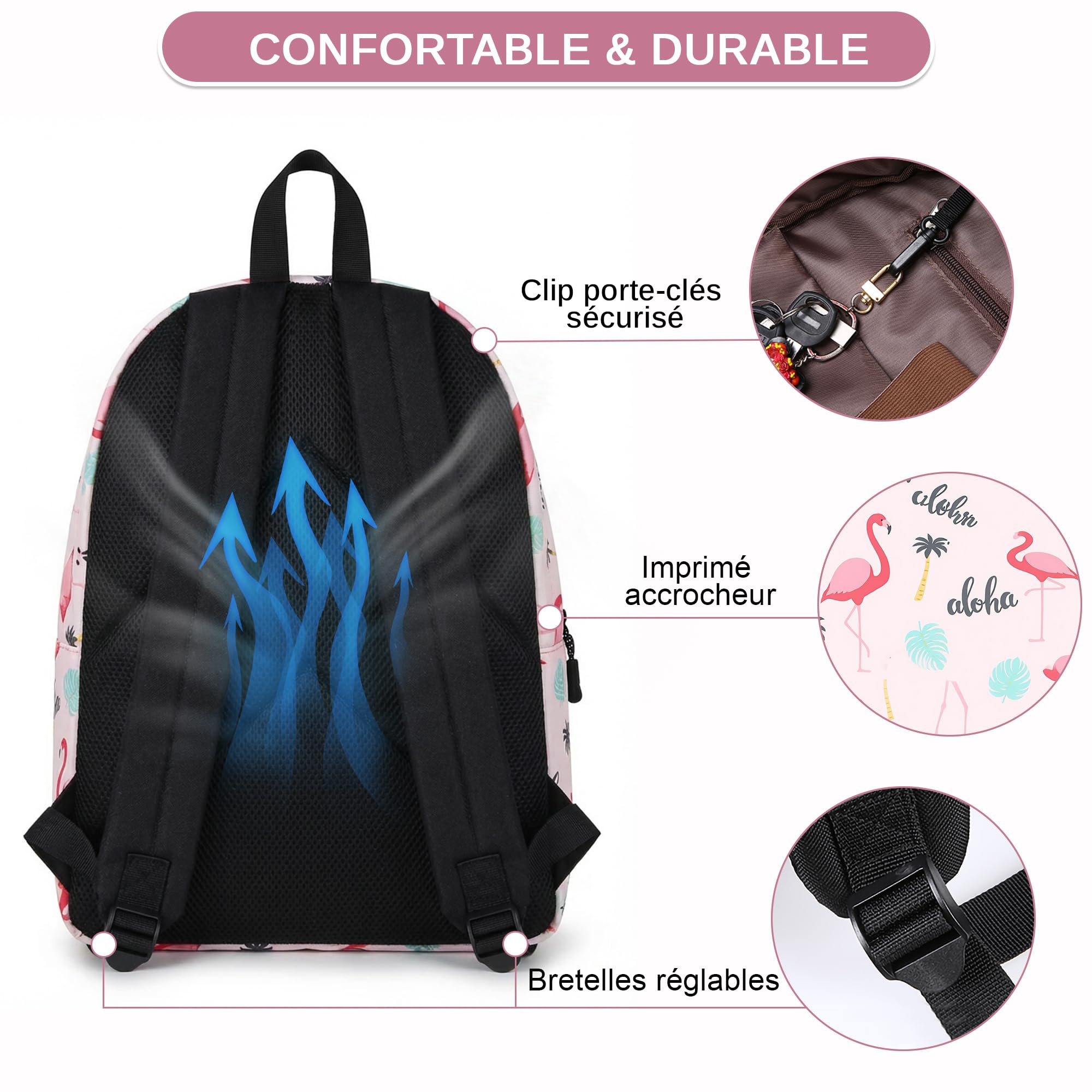 Sac a Dos Fille College Joli Cartable Ecole Primaire Scolaire pour Ado Enfant Sac à Dos pour Ordinateur Portable Flamant A