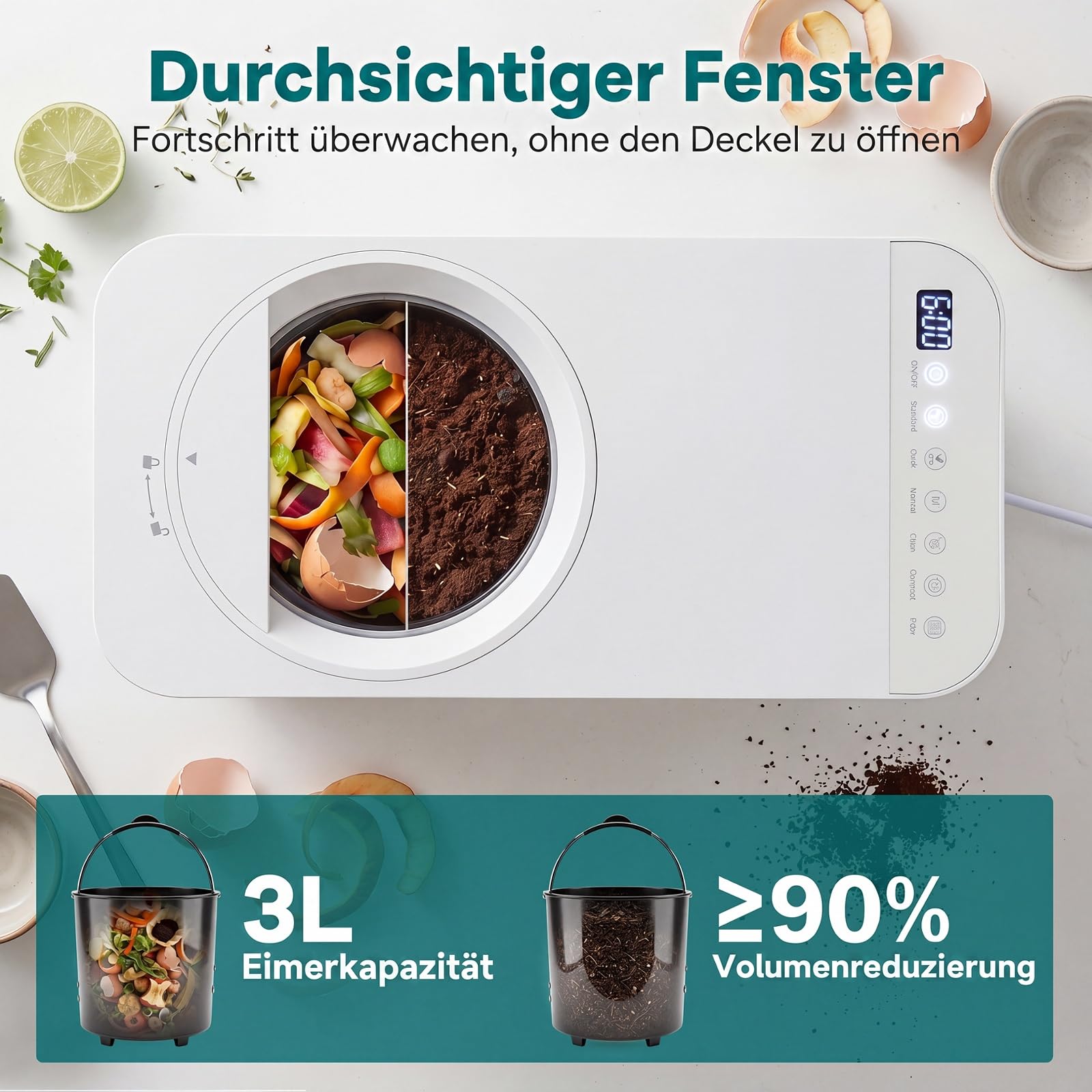 COSTWAY Elektrischer Komposter 3L, geruchloser Küchenkomposteimer mit Bedienfeld, Sichtfenster & 5 Modi, Komposter, 90% verwandelt Lebensmittelabfälle in Dünger, Küchenabfallentsorger für Zuhause