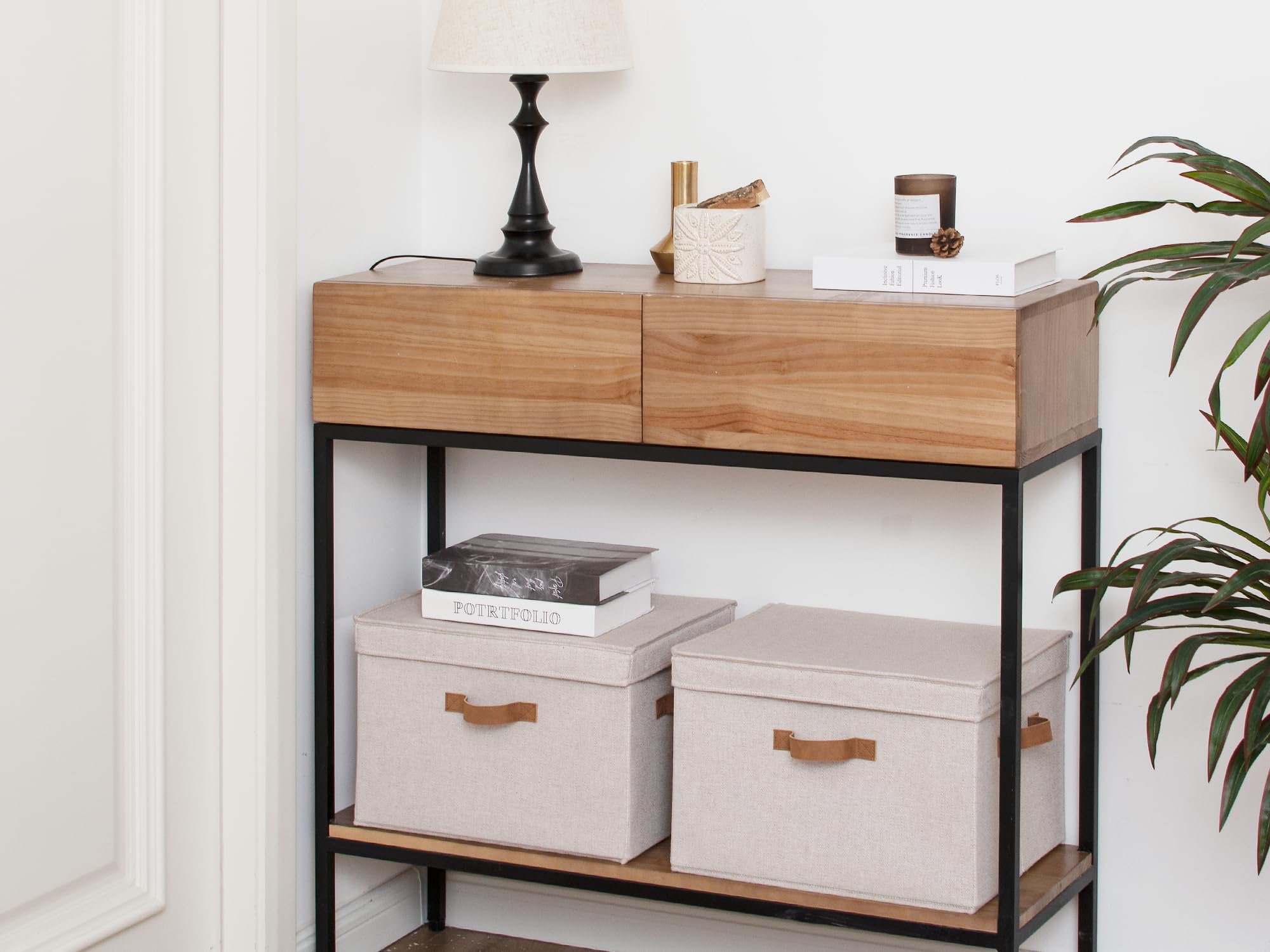 StorageWorks Scatole con coperchio, contenitori large per scaffali, cesti decorativi in tessuto con manici per organizzare vestiti e armadi 43 x 32 x 29 cm, marrone, confezione da 2