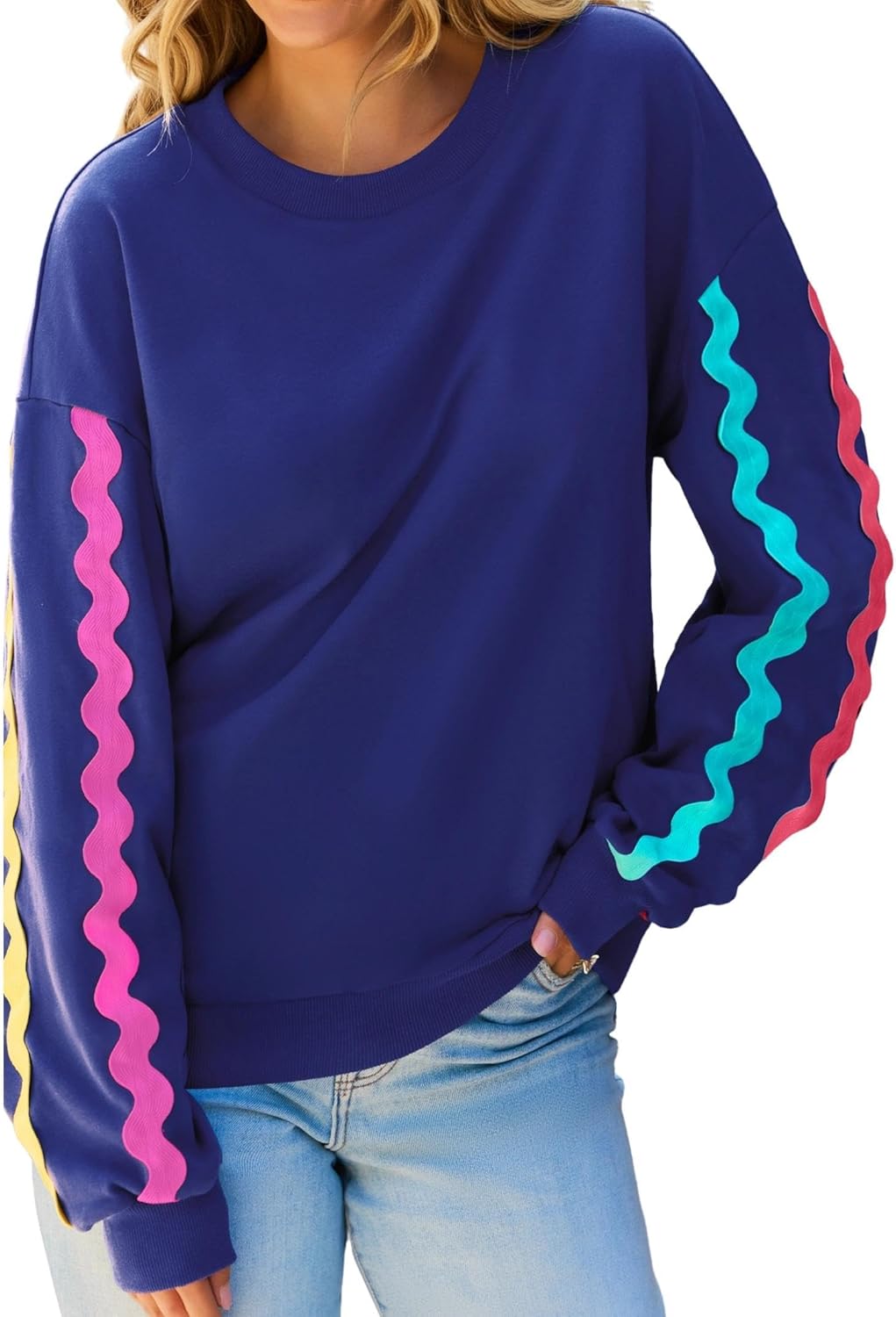 popvil Womens Crewneck Sweatshirts Oversized Neon Stripes Tops Casual Long Sleeve Pullover 2025 Fall Clothes