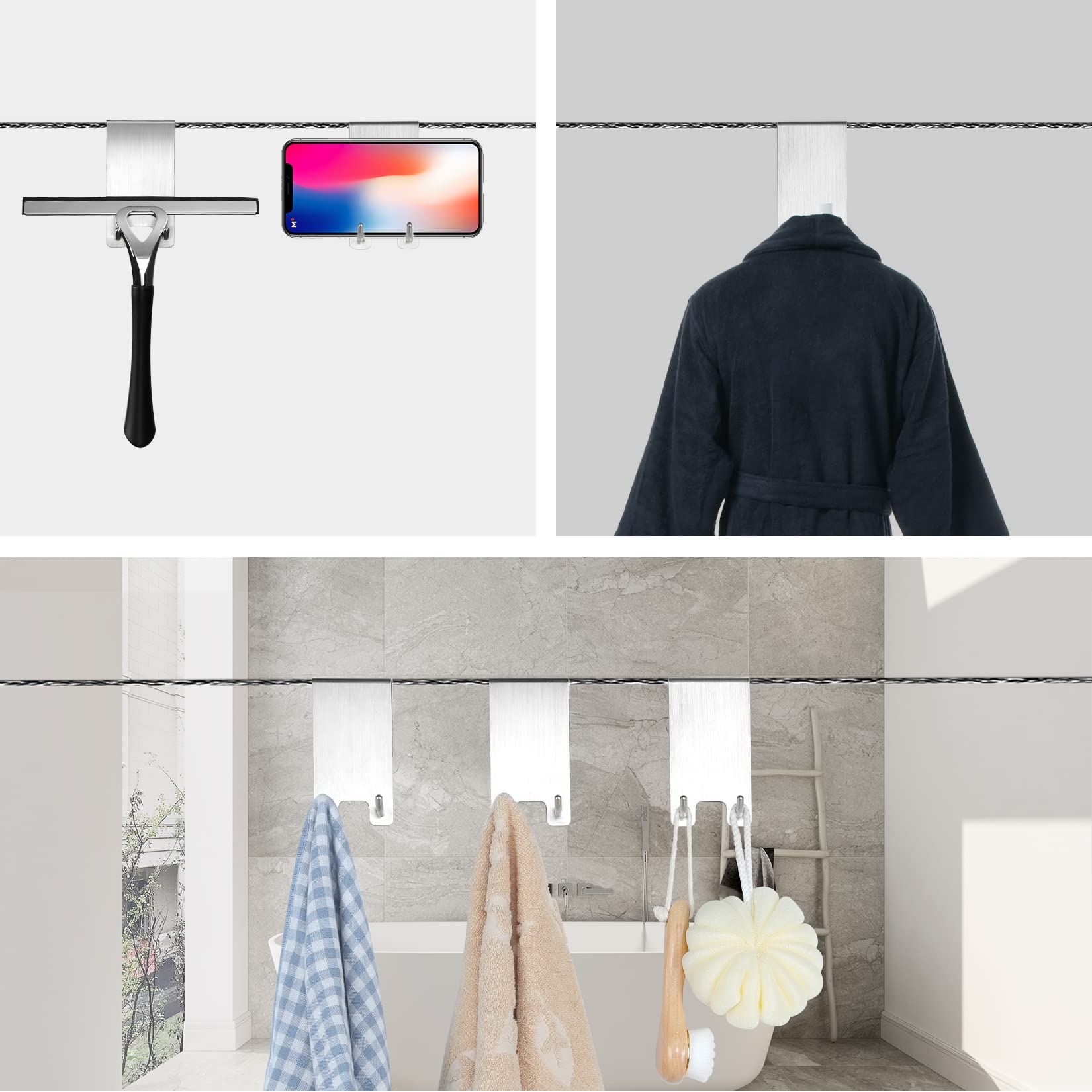Traumarkeu Haken douchewand, douchehaken zonder boren, haken voor de douchecabine, handdoekhouder, douchewand, geschikt voor glasdiktes van 6-11 mm, mat zwart