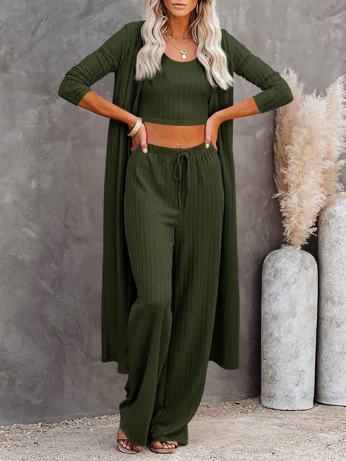 Fessceruna Womens 3 Piece Lounge Sets Pajamas Knit Long Sleeve Cardigan Crop Top Wide Leg Pants Loungewear Set - Image 2