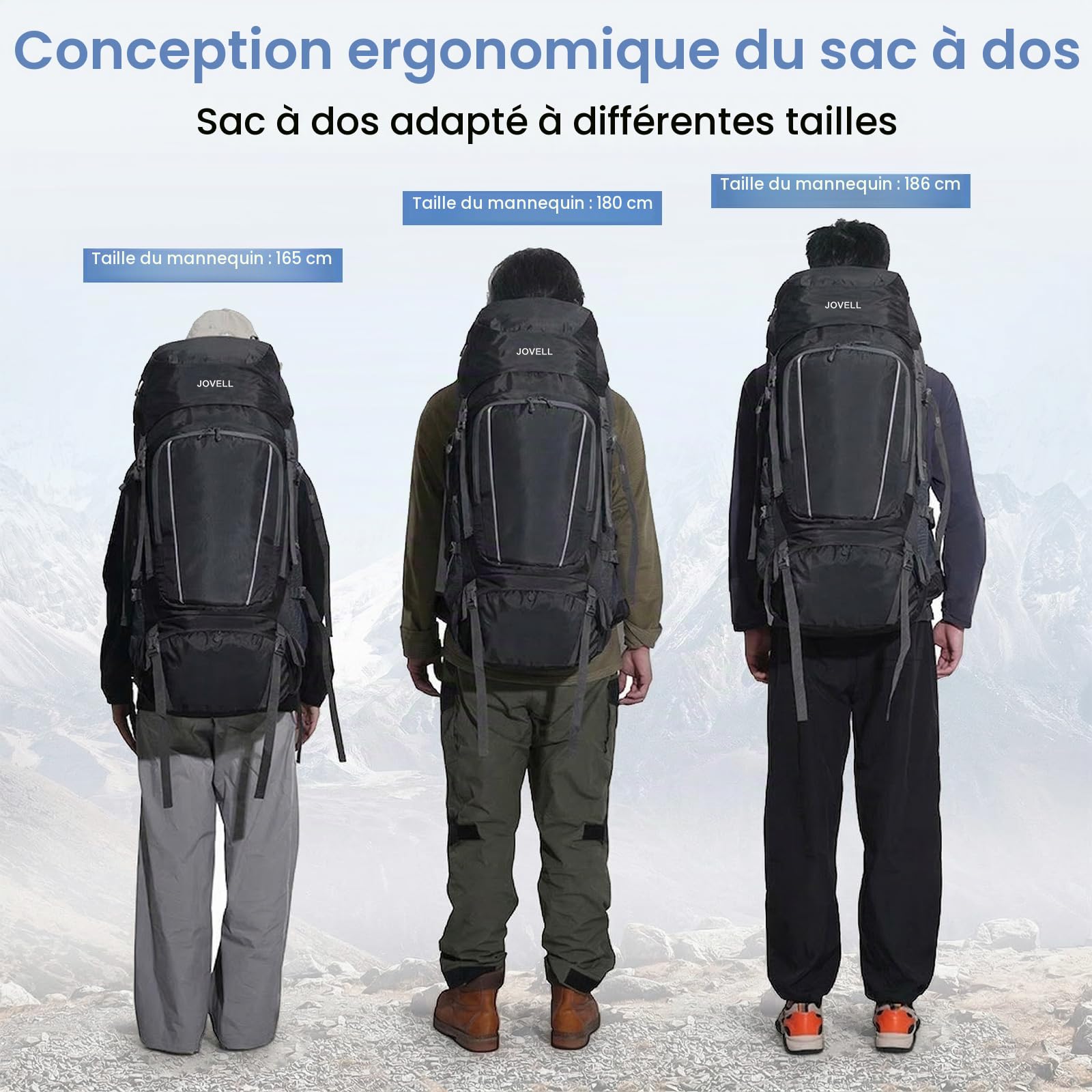 Sac à Dos de Randonnée 70L avec Couvre-pluie, Imperméable pour le Camping et le Voyage. Idéal pour les Sports Outdoor, l'Escalade, le Trekking et la Randonnée. Bagage Homme et Femme (Noir)