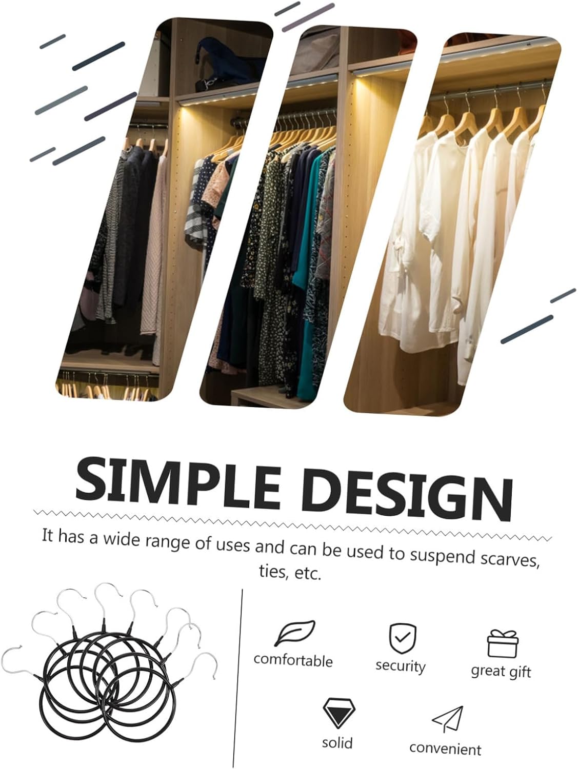 YARNOW 8pcs Black Large Scarf Hanger Round Tie Rings Organizer, Iron Wire Plastic Coated Non-Slip Closet Accessory for Scarves, Neckties, and Shawls Storage
