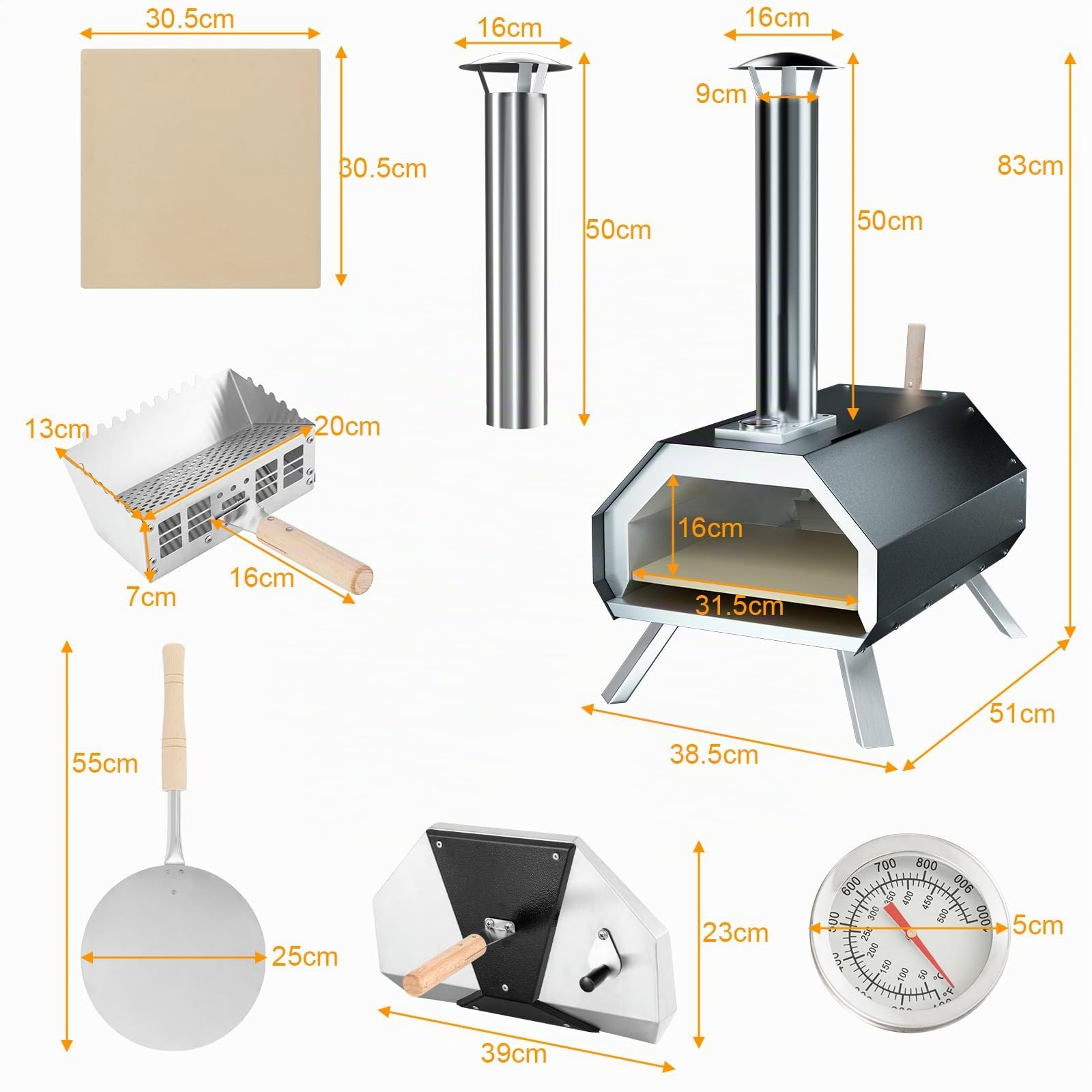 GYMAX Forno a Legna per Pizza, Griglia in Acciaio Inox a 3 Strati con Termometro, Pala per Pizza, Pietra per Pizza, Gambe Pieghevoli, per Esterno Cortile, Veranda, 51 x 38,5 x 83 cm