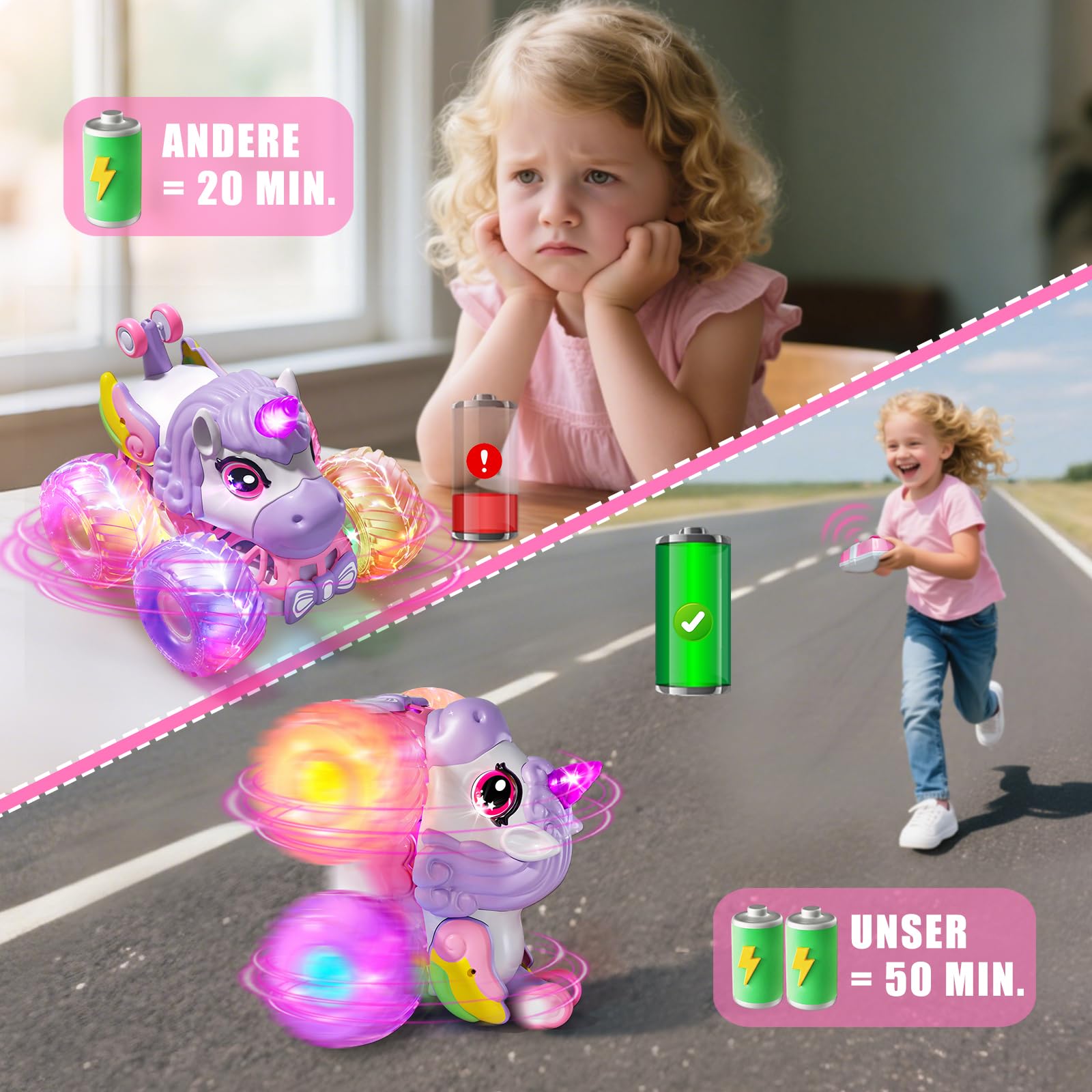 Auto telecomandata ragazza dai 3 4 5 6 anni in su, 1/20, monster truck telecomandato con musica e luce, 2,4 GHz Monster Truck con rotazione a 360°, regalo unicorno per ragazze dai 3 4 5 6 8 10 anni