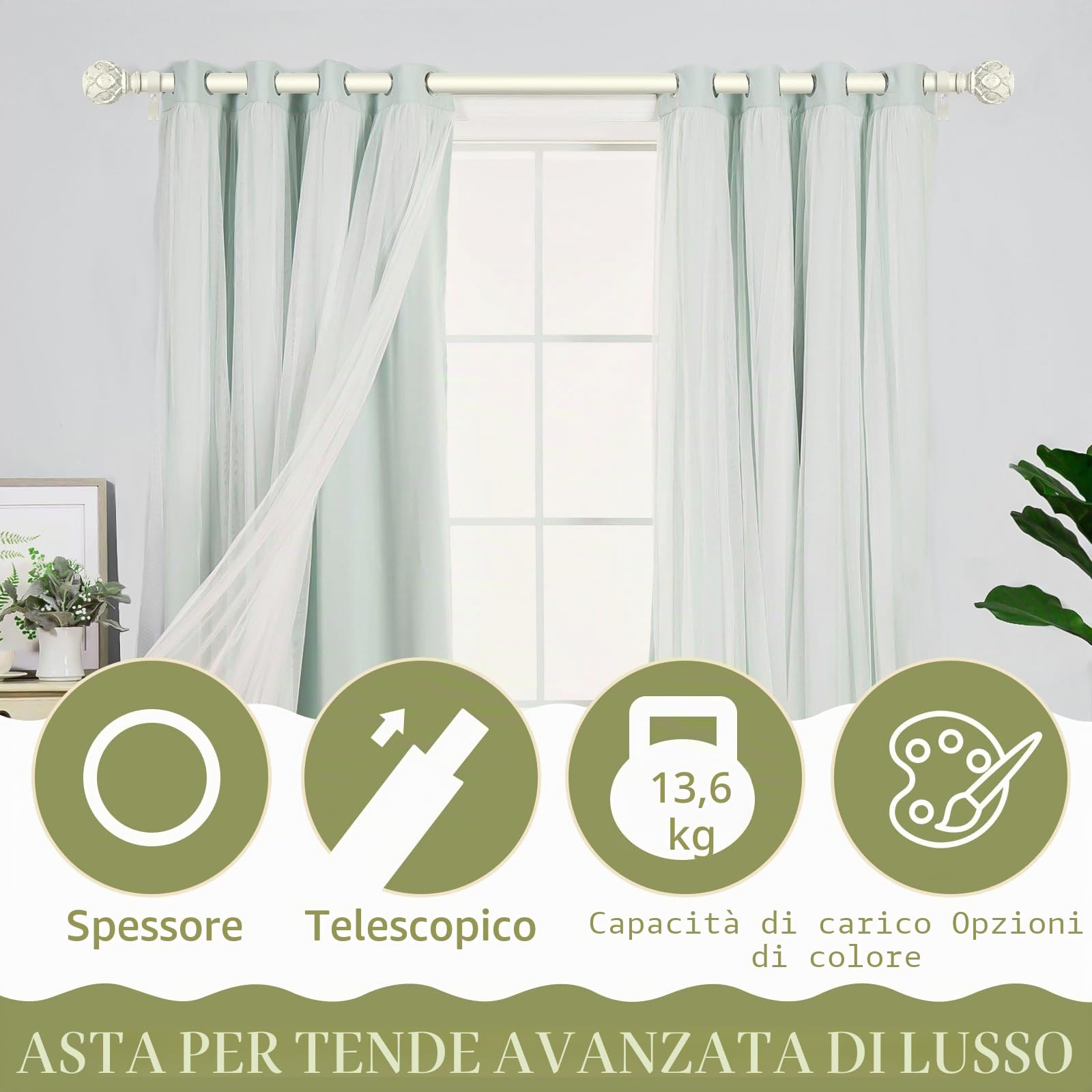 TANGWIN Bastoni per tende bianchi antichi per finestre da 71 a 120 cm, asta per tenda regolabile da 2,5 cm, aste per tende resistenti, terminali con trama a rete, aste per tende da finestra 45,7-114,3