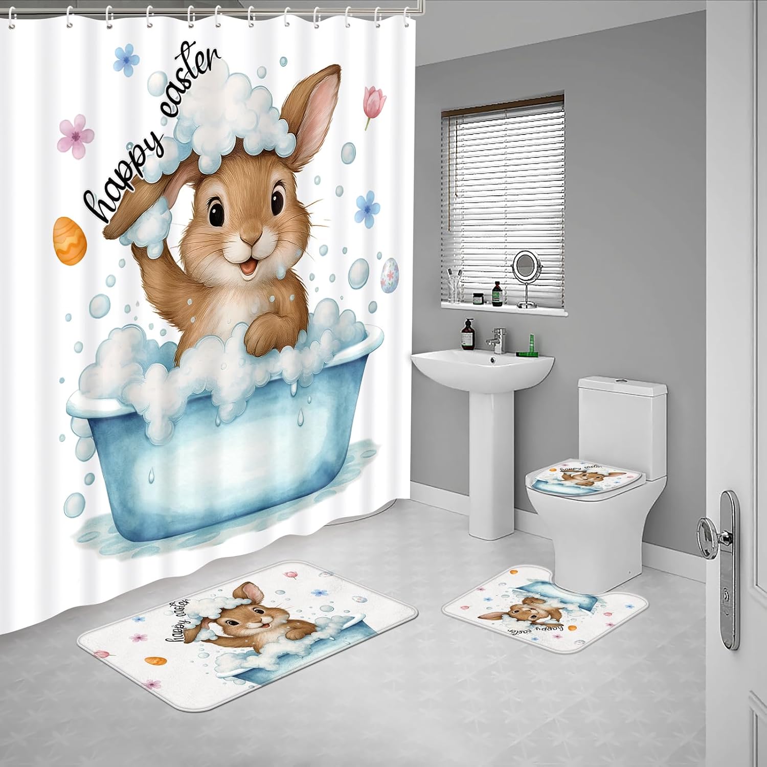 Tieshankao 4pcs Easter Shower Curtain Bathroom Set - Bunny Bathtub Non Slip Rugs Toilet Lid Cover Bath Mat with 12 Hooks for Spring