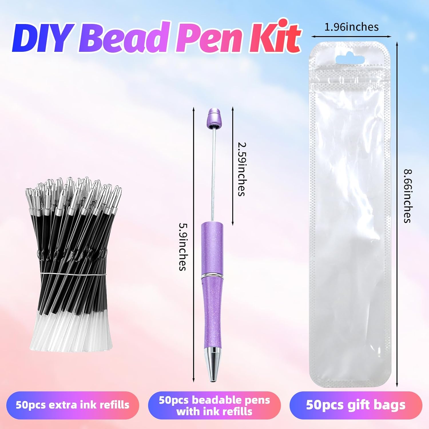 300 Pieces DIY Beadable Pen Kit – 100 Plastic Ballpoint Pens with Refills & Bags – School Supplies, Office Accessories & Decorative Items for Students & Teachers (Purple)