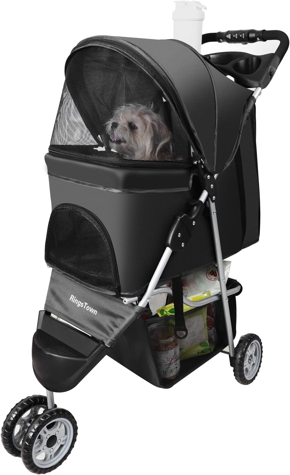 Pet Strollers for Small Medium Dogs & Cats, 3-Wheel Dog Stroller Folding Flexible Easy to Carry for Jogger Jogging Walking Travel with Sun Shade Cup Holder Mesh Window (Black)