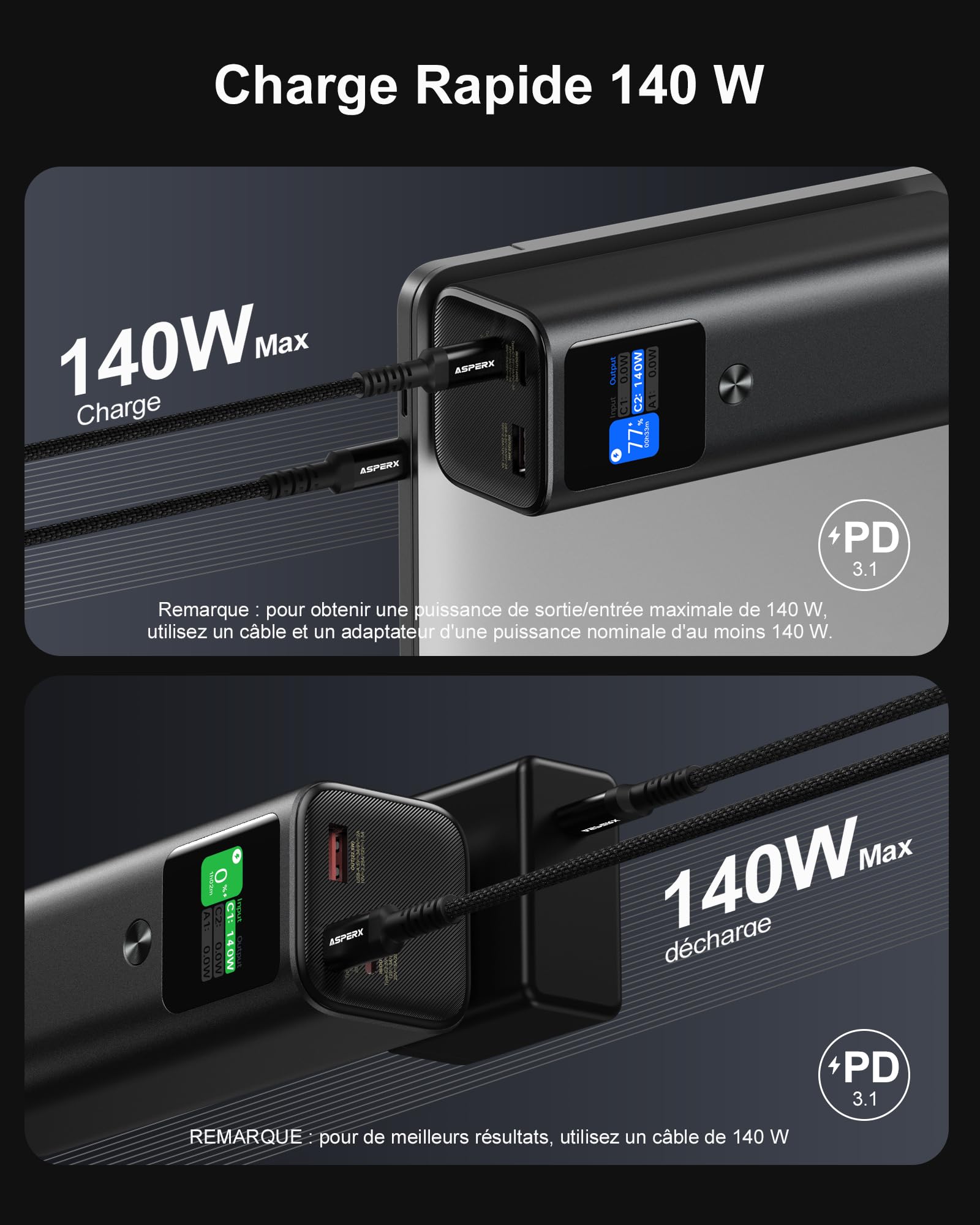 140W 27600mAh Batterie Externe Grande Capacité pour Ordinateur Portable | 2 Ports 140W USB-C,PD3.1 Charge Rapide,écran TFT,Alliage d'aluminium,Power Bank pour iPhone16/15,Galaxy et MacBook