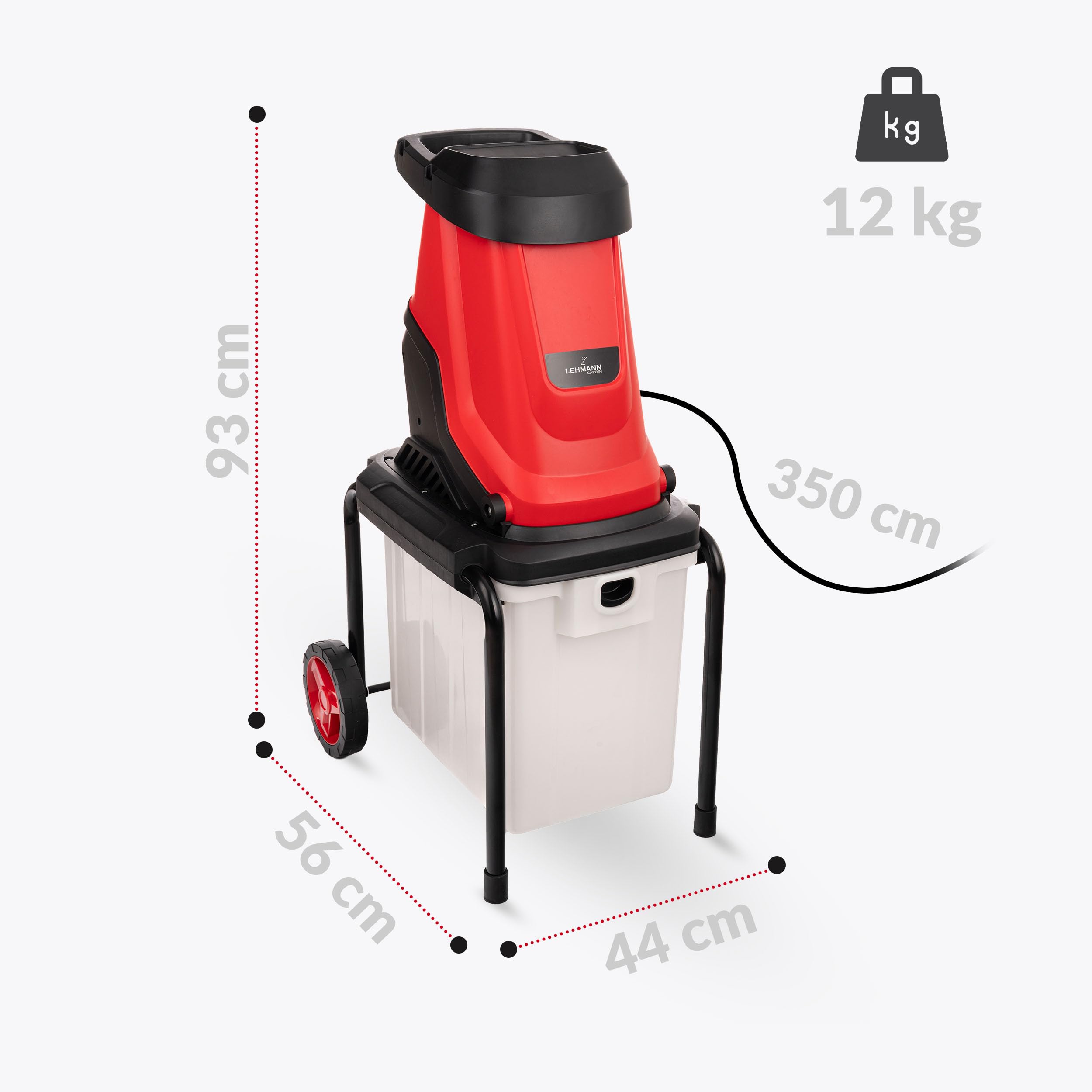 LEHMANN Elektro Gartenhäcksler, 3000 W, Messerhäcksler für Äste bis 45 mm, Laubhäcksler mit robustem Fahrgestell, Rädern und 50 L Fangbox, Holzhäcksler mit Zubehör, Sicherheitsschalter, Rot