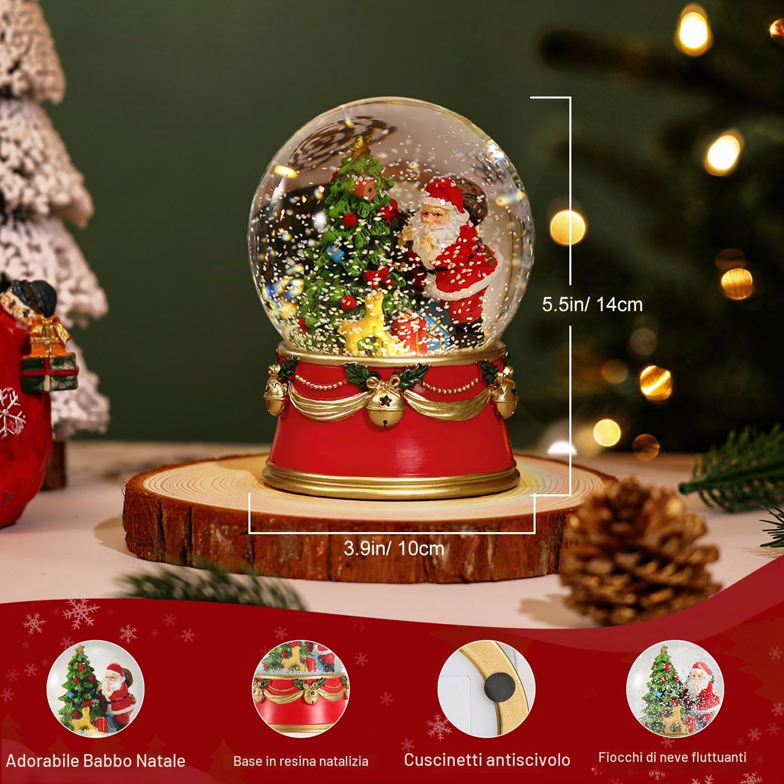 Lewondr Globo di Neve di Natale, Globo di Neve Elettrico di Babbo Natale con Fiocco di Neve e Luci, Globo d'Acqua Natalizio Alimentato a Batteria, Decorazione Natalizia per Casa e Festa, Rosso