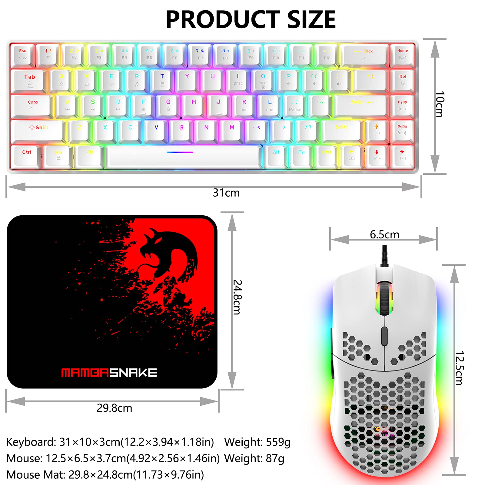 Bedrade Gaming Toetsenbord en Muis Combo Opgerolde USB C-Kabel-ZIYOU LANG T60-Compact 60% UK Layout Licht up Mechanisch Toetsenbord Clicky Blue Switch -6400dpi Ultra-light RGB Mice voor PC/Mac-Pink