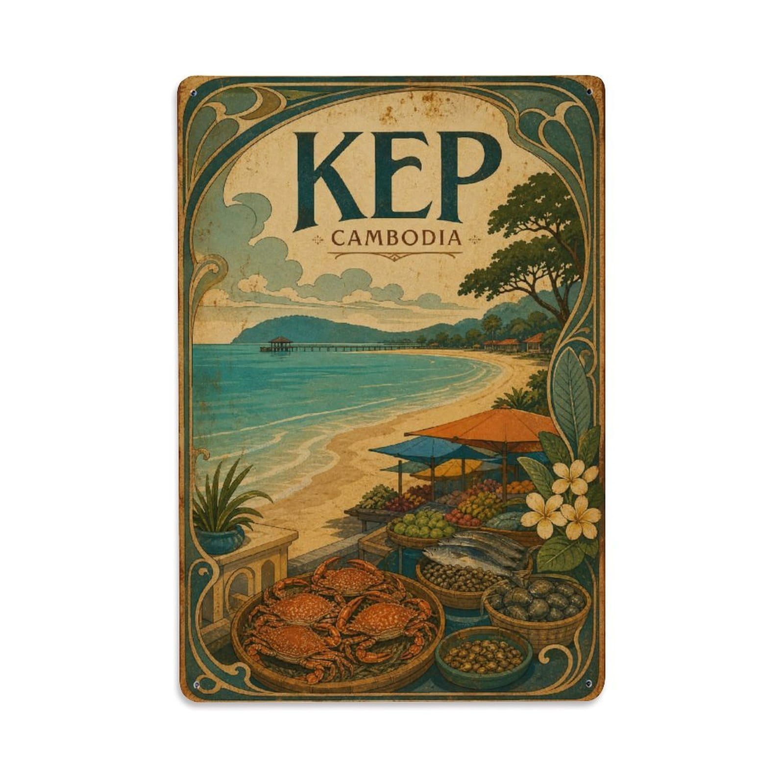 Metal Tin Sign Vintage Travel Cambodia Kep