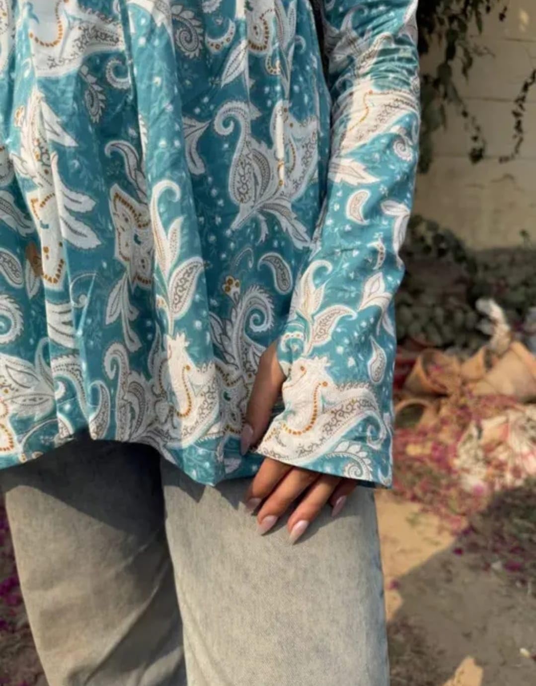 New Printed Short Blue Full Sleeves Top for Women