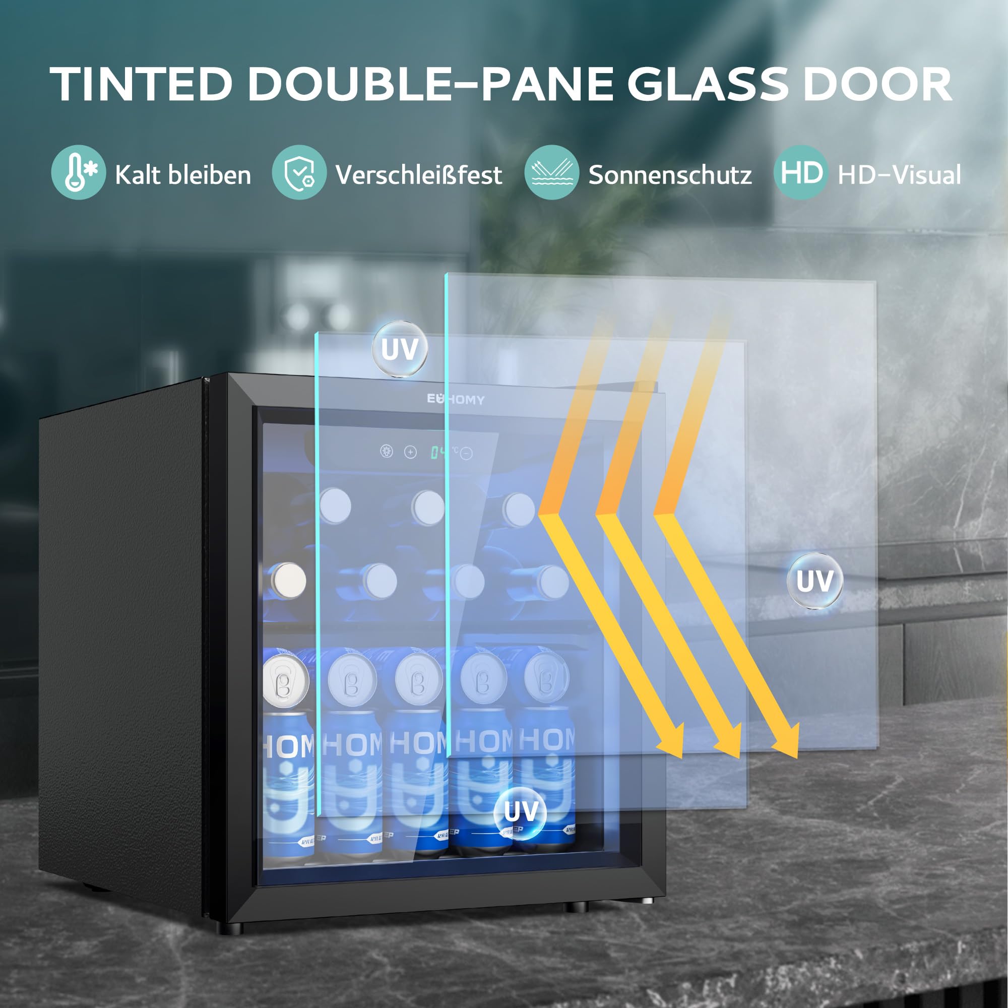 EUHOMY Getränkekühlschrank Mini Kühlschrank Glastür 55 Dosen 36L Schwarz LED 43dB Geräuscharm