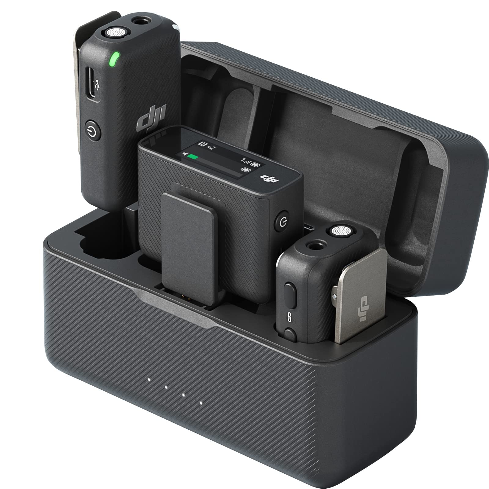 DJI Mic (2 TX + 1 RX + Boîtier recharge) - Compact et Portable micros Lavalier sans Fil à Enregistrement à Double Canal, Transmission à 250 mètres, 15 heures, Système pour Smartphones, caméras