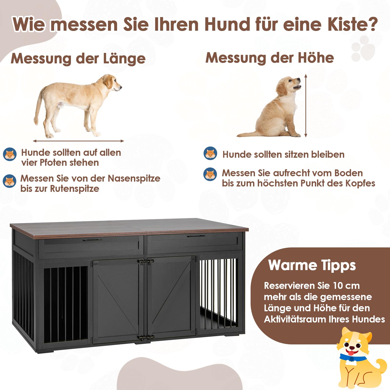 Hondenkooi, kast, XXL, hondenkooi met 2 laden en 2 deuren, hondenbox voor thuis, grote en middelgrote honden, bijzettafel, hondenhok voor binnen, hondenhuis voor thuis, zwart, 164 x 60 x 80 cm, ijzer