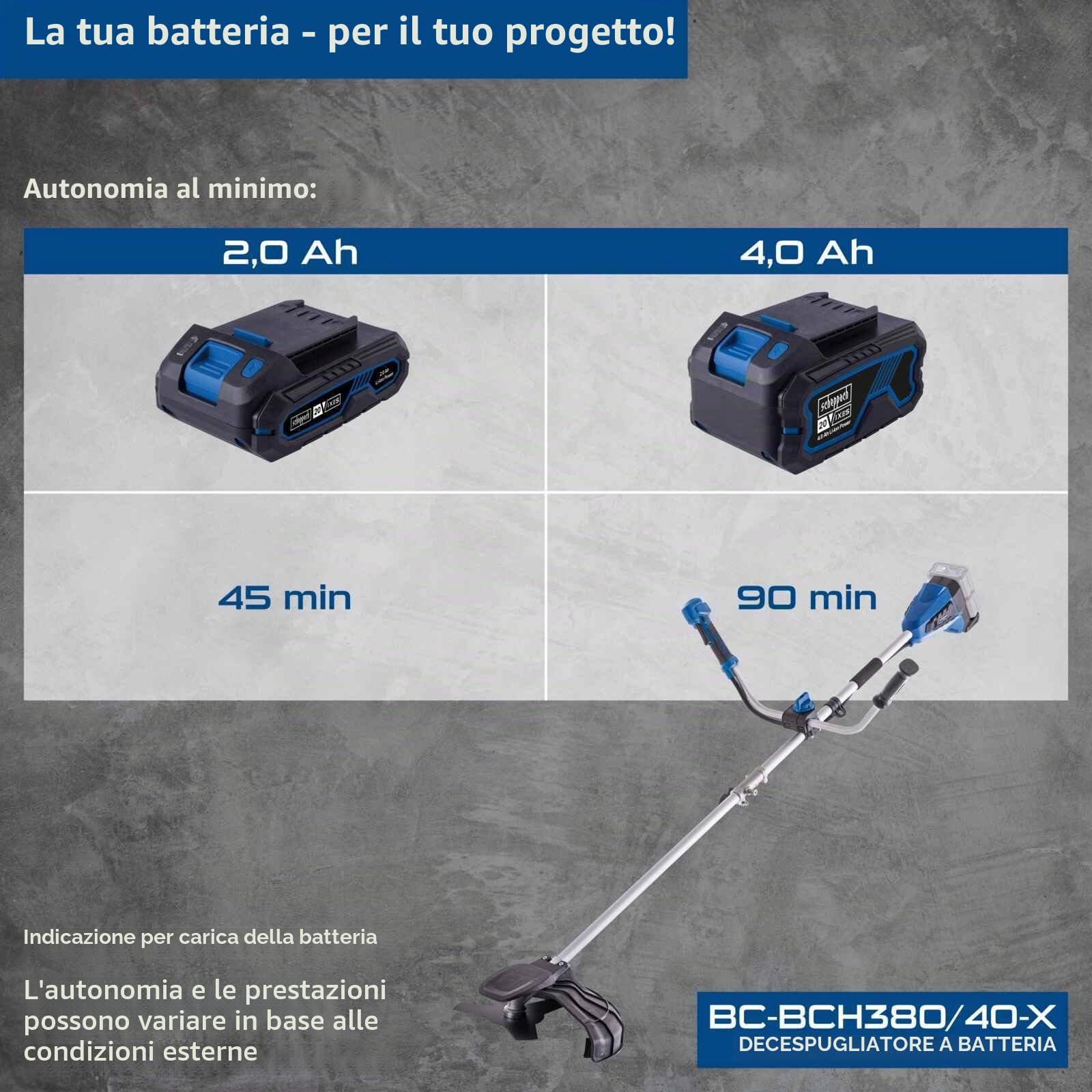 Decespugliatore a batteria Scheppach BC-BCH380/40-X SET L2 - Larghezza di taglio 38 mm - 2 batterie IXES da 20 V 4 Ah + caricabatterie doppio