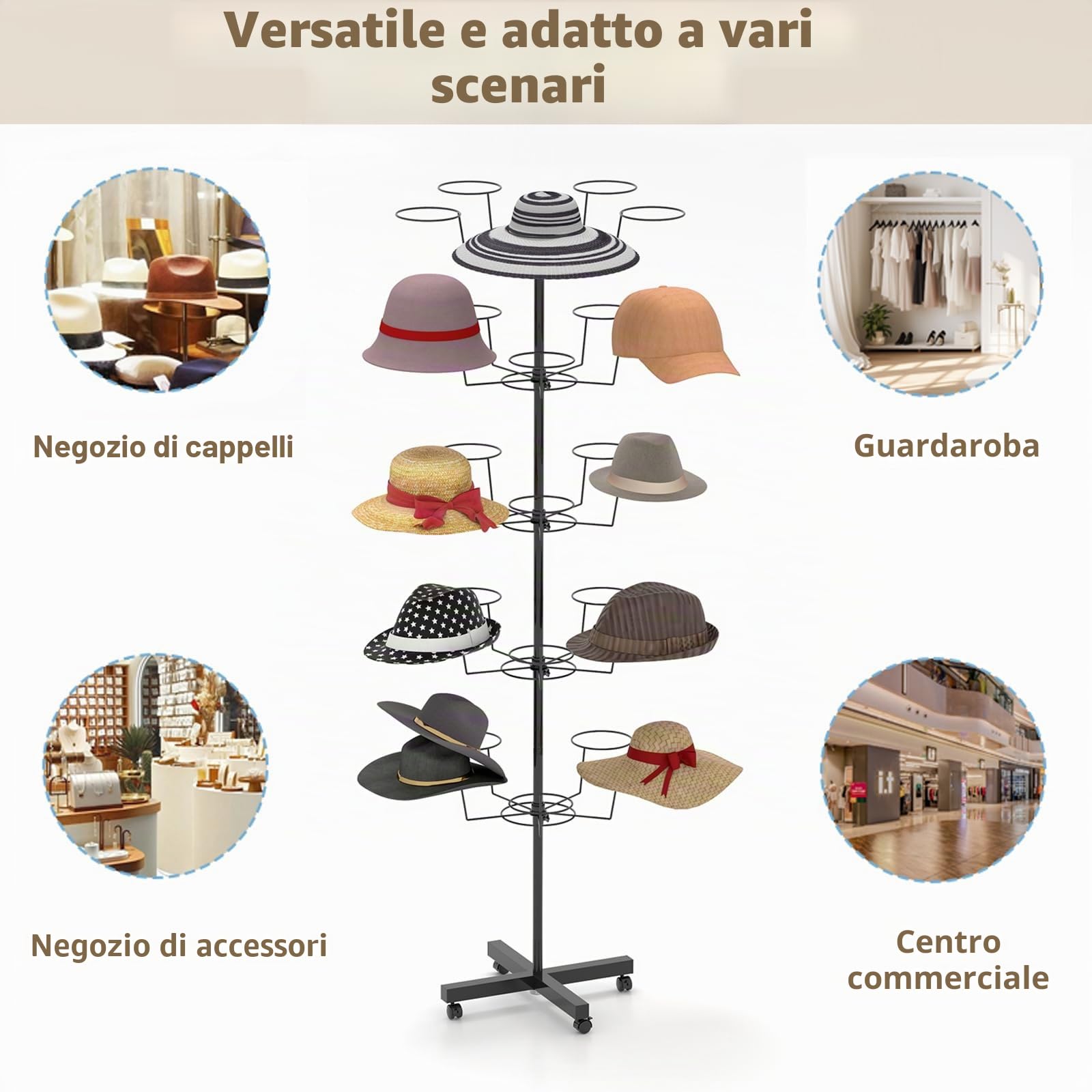 Supporto per cappelli a 5 piani, supporto girevole per parrucche, supporto per cappello, supporto per parrucche, in metallo, per cappelli, guardaroba