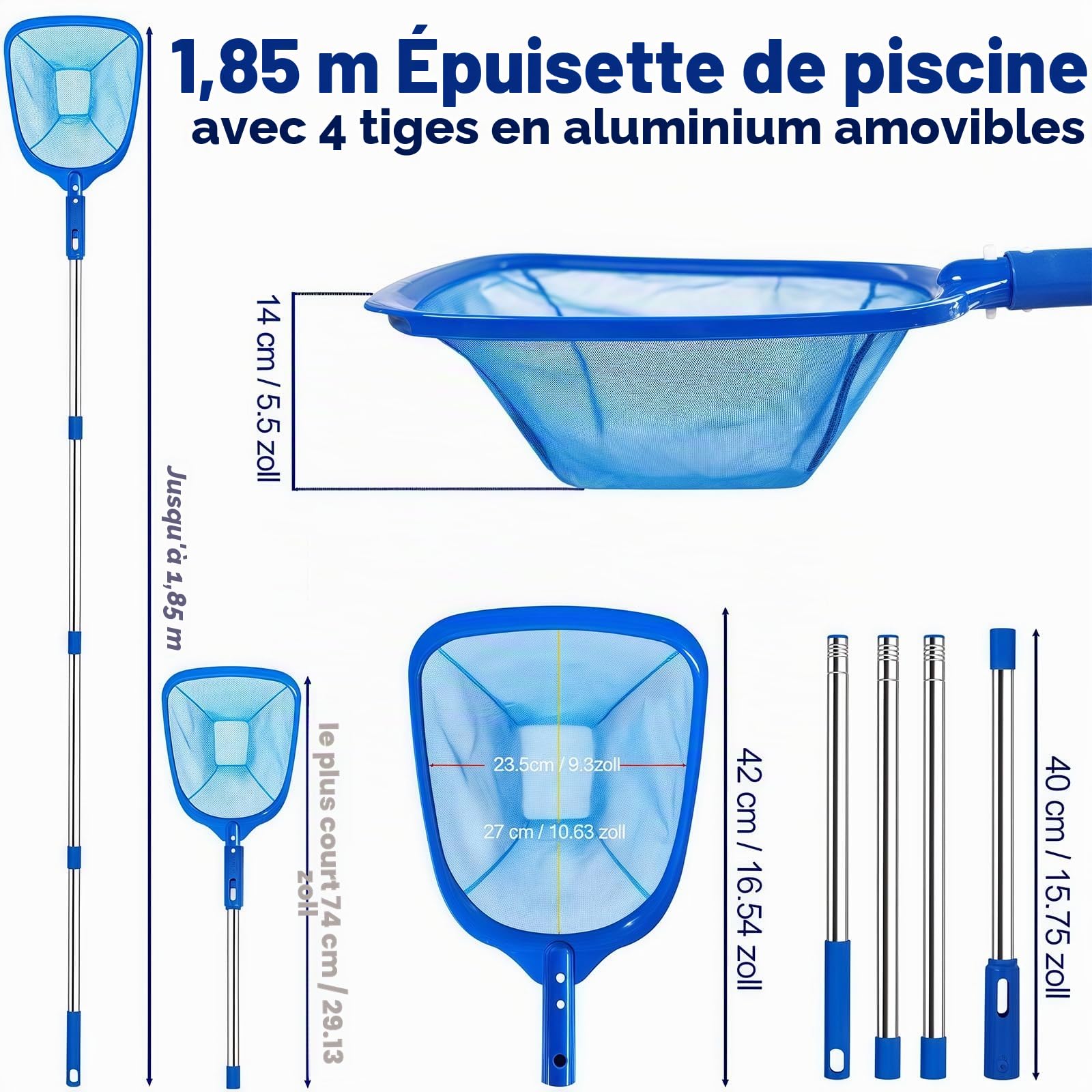 Épuisette Piscine 185 cm avec Manche Télescopique, Kit Nettoyage Piscine Maille Réglable