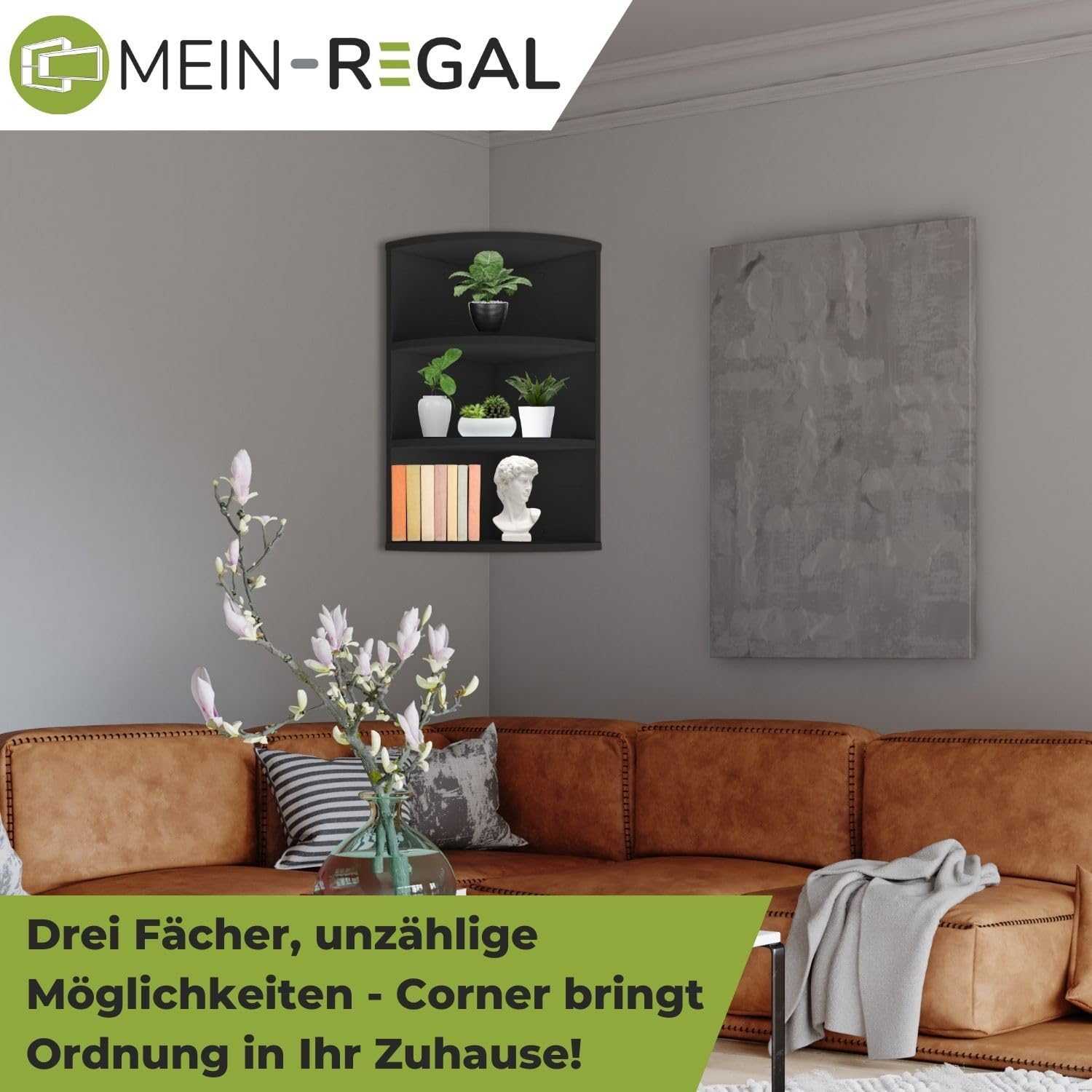 Coemo Eckregal Corner 60, 30x30x60 cm, Bücherregal 3 Fächer, Holzregal | Eckregal stehend, aus Holz schmal, der ideale Platzsparer für deine Ecke, Ob kunstvolle Dekorationen, als Bücherregal