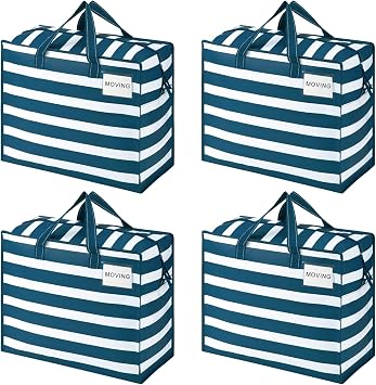 VENO 4 Pack Heavy Duty Moving Bags, Storage Bags, Packing Supplies, Top Zipper, Storage Totes for Camping, Clothes, Bedding, Comforters, Pillows 13 Gallon, Classic Navy Stripe, 4 Pack
