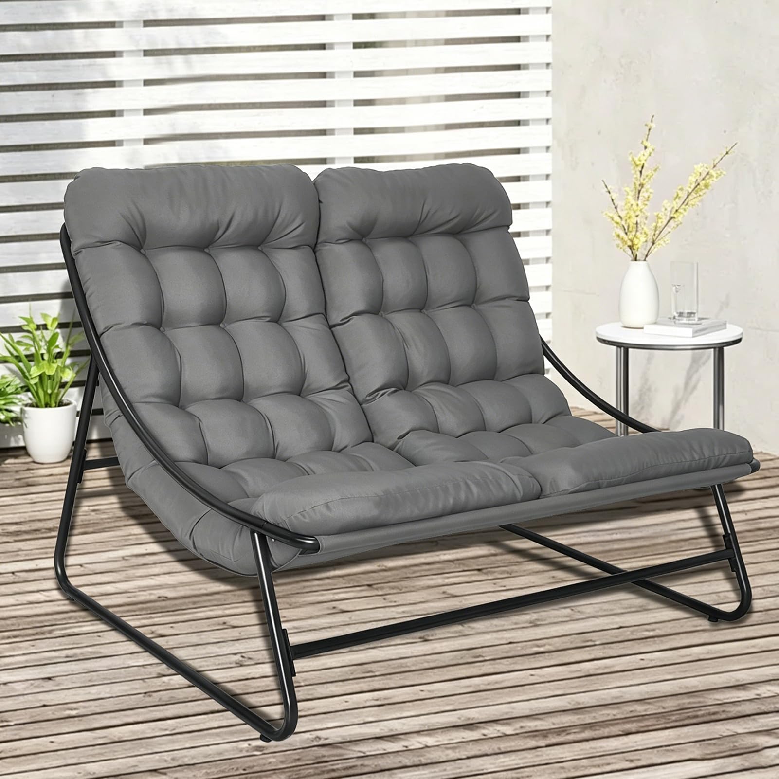 Doppelliege Outdoor 2 Personen, Sonnenliege 2 Personen, Gartenliege Extra Hoch, Loungesessel Outdoor, Liegestuhl Garten, Relaxliege Outdoor, Gartensessel für Balkon Terrasse (grau)