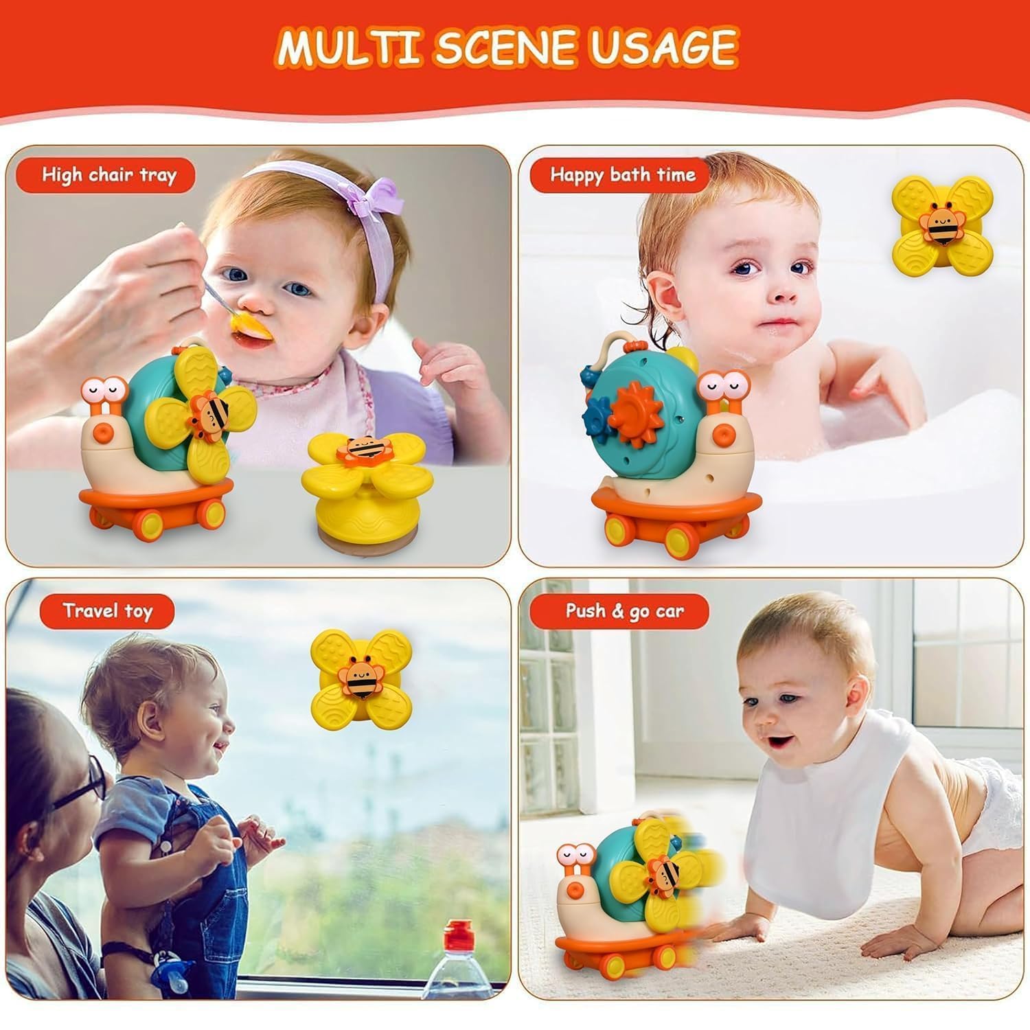 TIUDTOY 5-in-1 Baby Suction Spinner Toy, Interactive Learning Set with Rattle and Sensory Play, for 6+ Months Kids - Orange & Cream 2