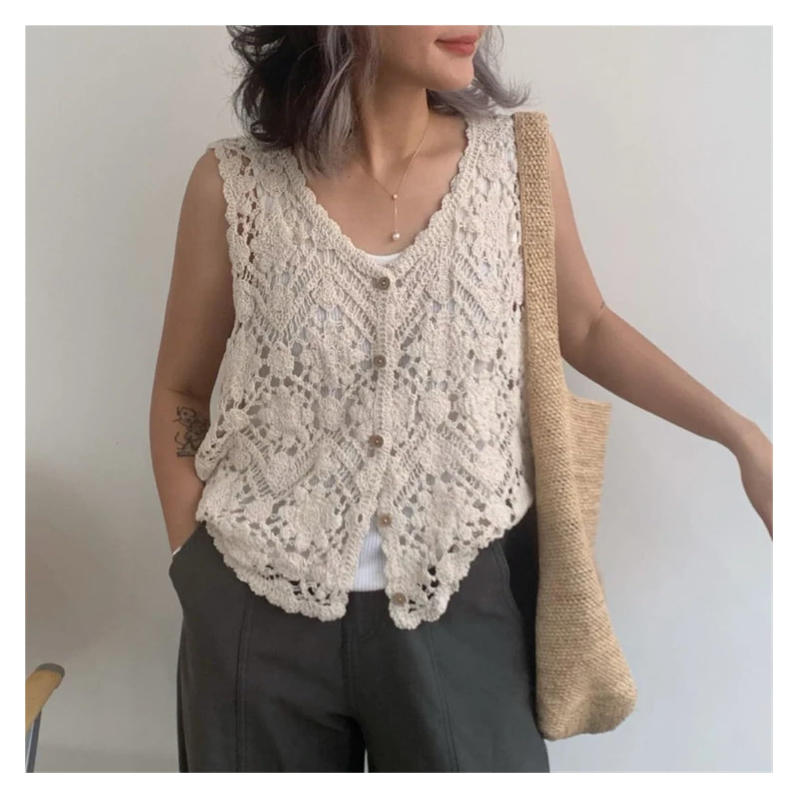 Cárdigan sin Mangas de Punto Abierto Crochet Floral Bordado