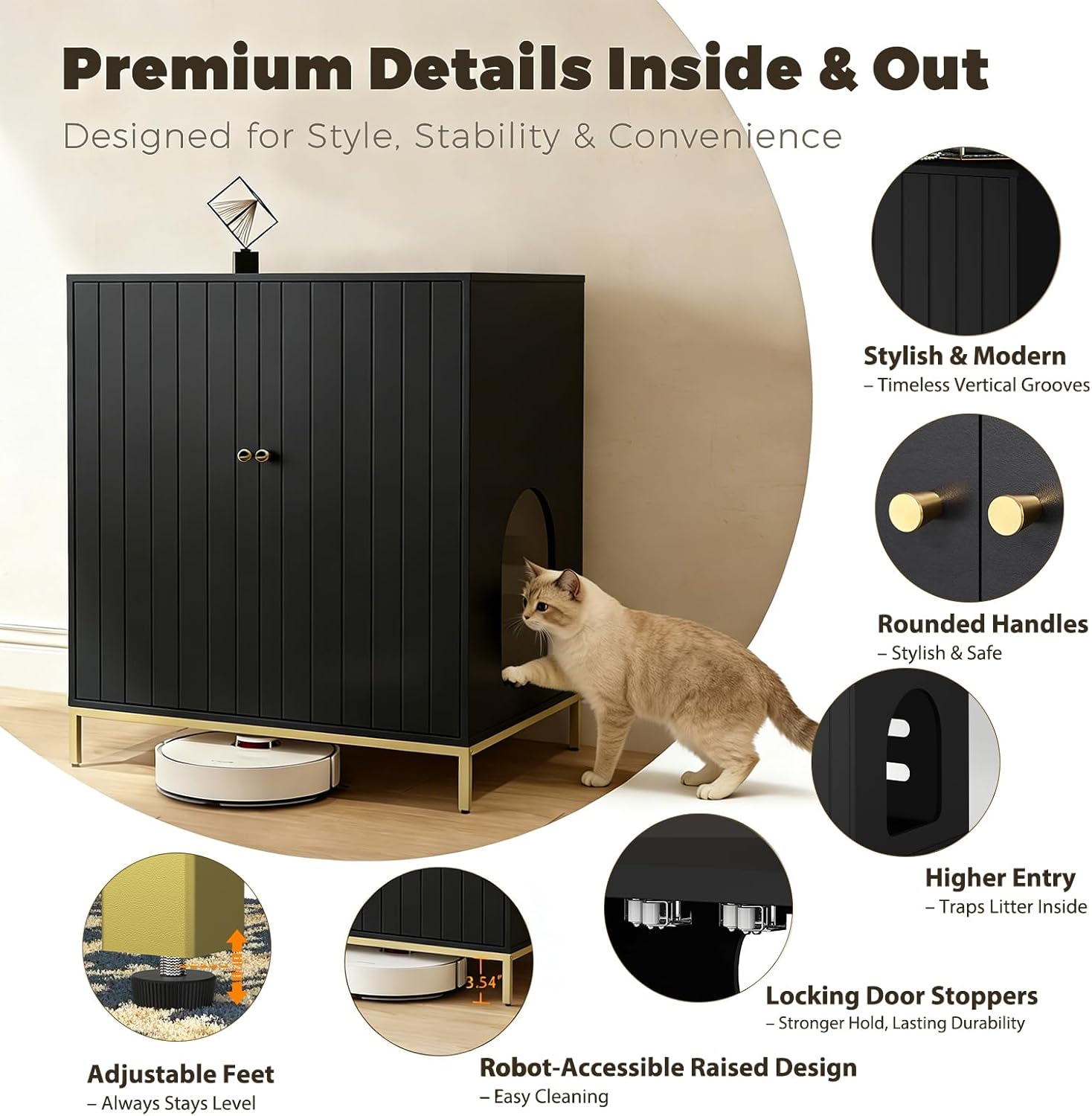 31.5" Tall Hidden Cat Litter Box Furniture with Storage Cabinet, Cat Litter Box Enclosure End Table with Ventilated Back Panel, Modern Cat Washroom Cabinet for Living Room or Bedroom, Black