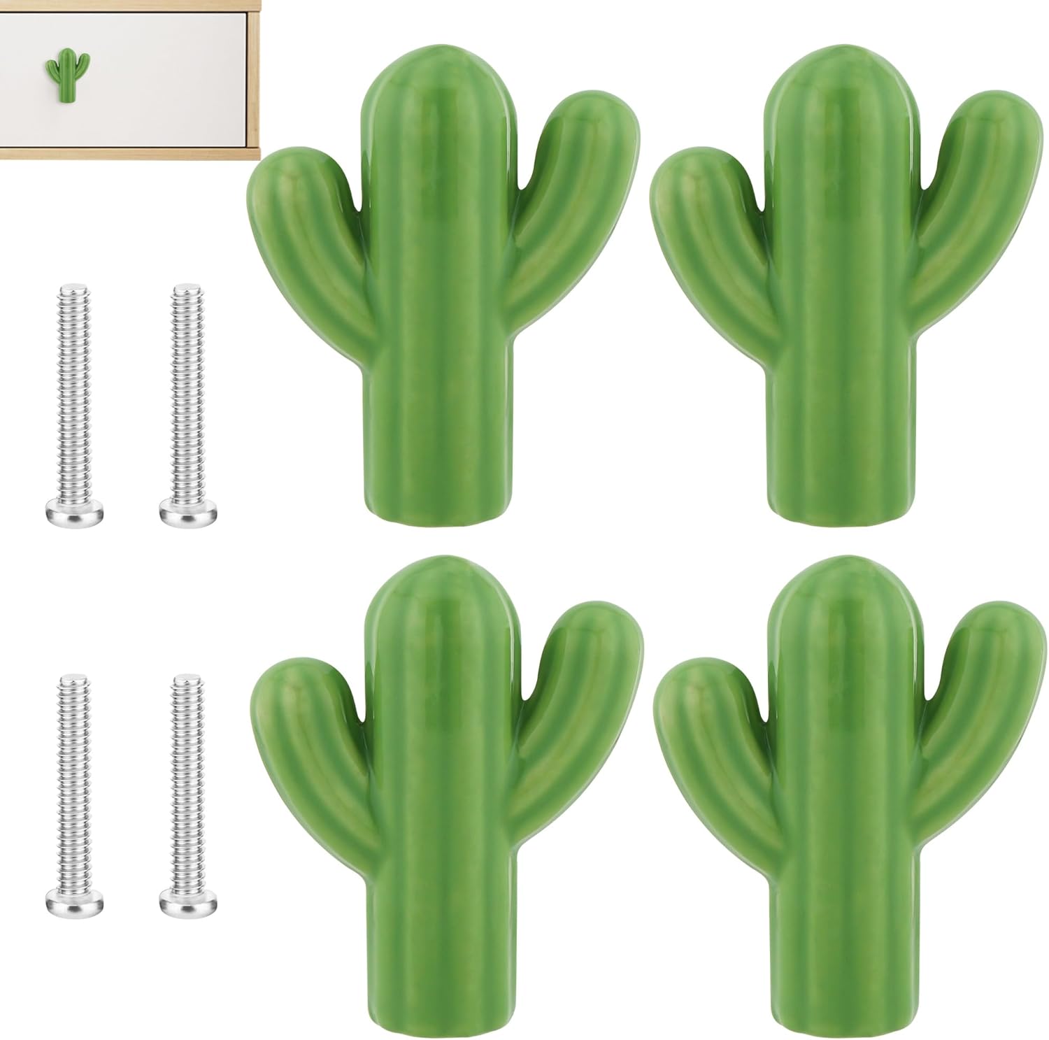 Ceramic Cabinet Green Drawer Knobs, Cactus Shaped Dresser Cute Kitchen Cabinet Pull Handles, 4 Pcs Small Vanity Knobs Hardware Wardrobe Handles Decorative Closet Cupboard Pulls