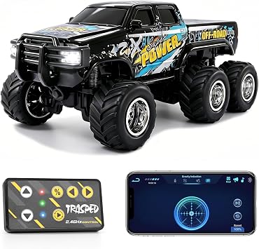 haomsj 1/64 Mini Rc Monster Truck 6x6 Off Road Remote Car for Kids & Adults | Sturdy Metal Car|3 Speeds|2.4G Flexible Remote Control|Long Lasting|Fast Charge|All-Terrain|Gift for Boys Age 3-12