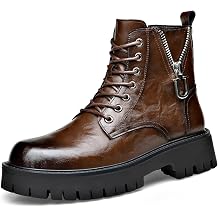 MenS Genuine Leather Platform Combat Boots Fashion Lace Up Side Zipper Lug Sole Non-Slip High Top Motorcycle Boots Comfort Outdoor Waterproof Soft Sole Work Ankle Booties