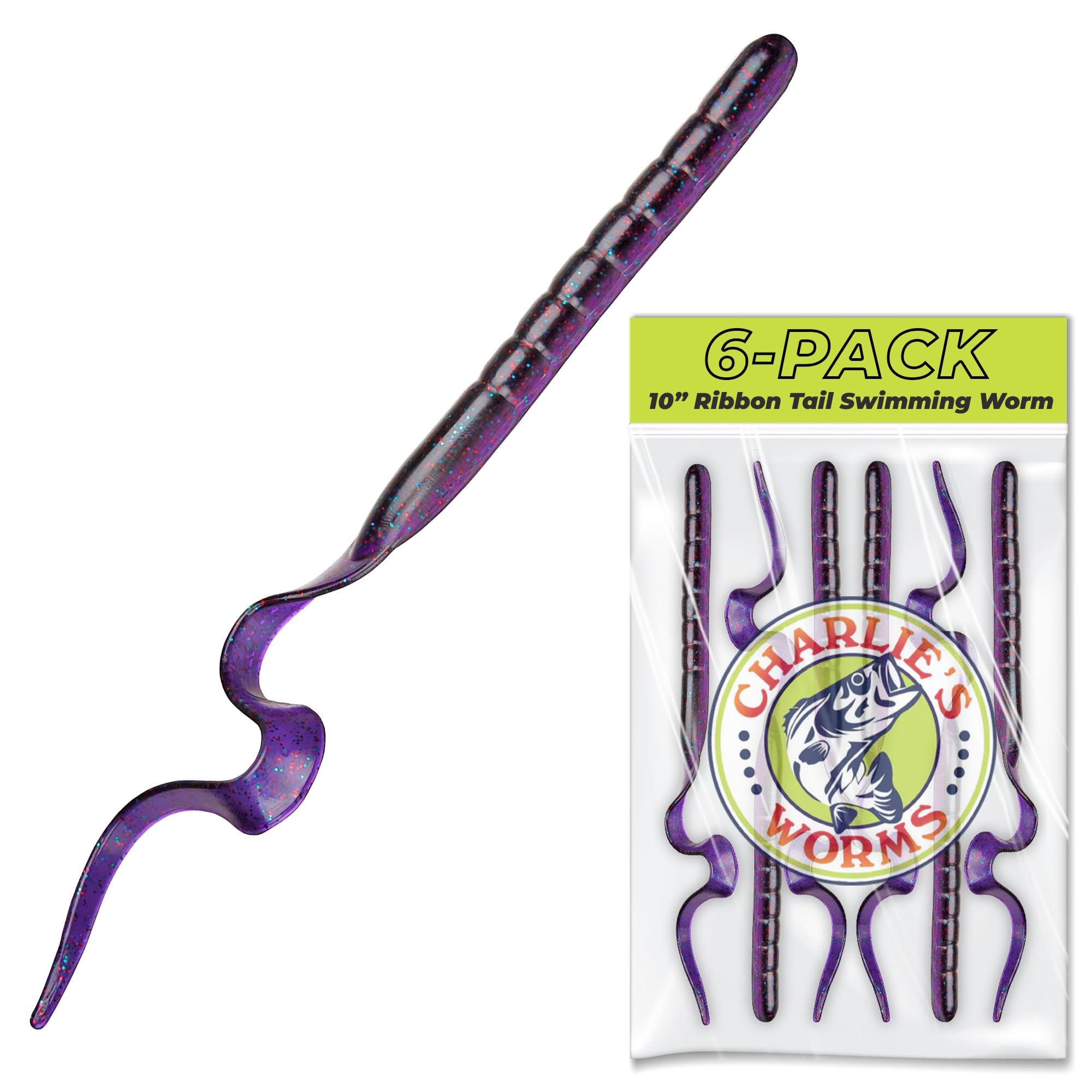 Charlie's Worms 10" Ribbon Tail Soft Plastic Worms for Bass Fishing, Freshwater & Saltwater Lures, Scented Swim Bait, Texas Rigged, Weedless, Large & Smallmouth, White Firetail, 6-Pack